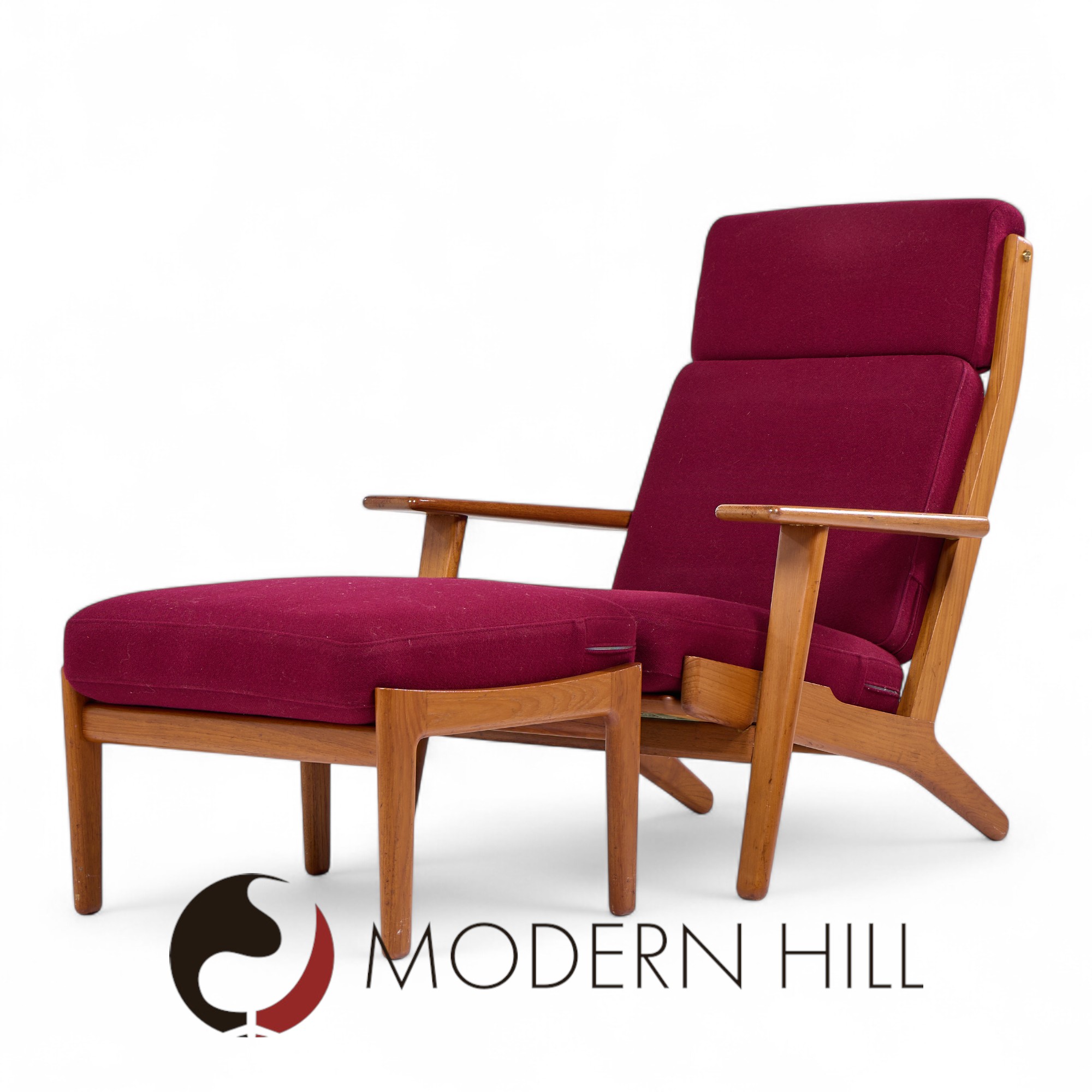 Hans Wegner for Getama Ge-290 Mid Century Danish Teak High Back Lounge Chairs - Pair with Ottoman