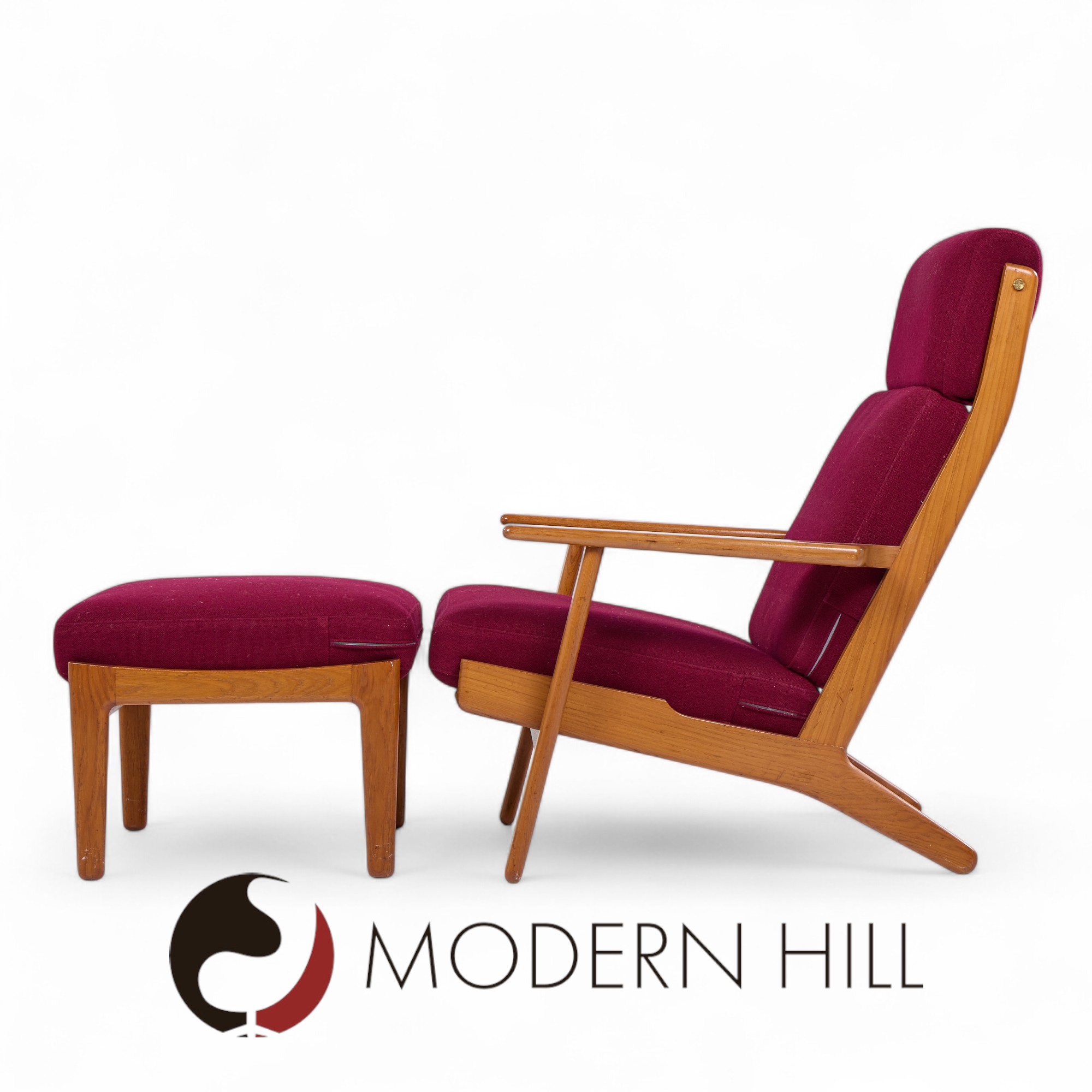 Hans Wegner for Getama Ge-290 Mid Century Danish Teak High Back Lounge Chairs - Pair with Ottoman