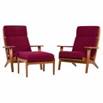 Hans Wegner for Getama Ge-290 Mid Century Danish Teak High Back Lounge Chairs - Pair with Ottoman