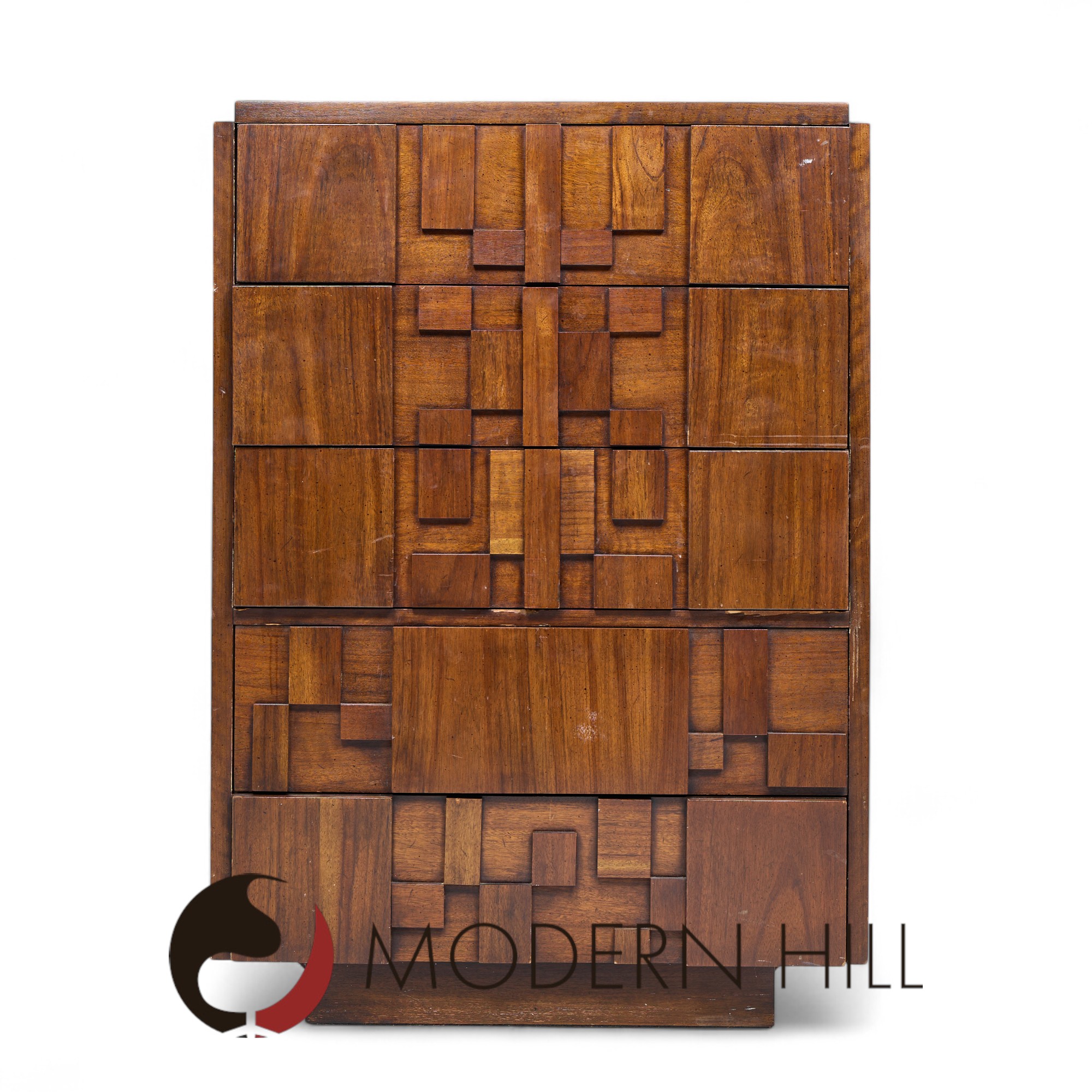 Lane Staccato Brutalist Mid Century Walnut Highboy Dresser