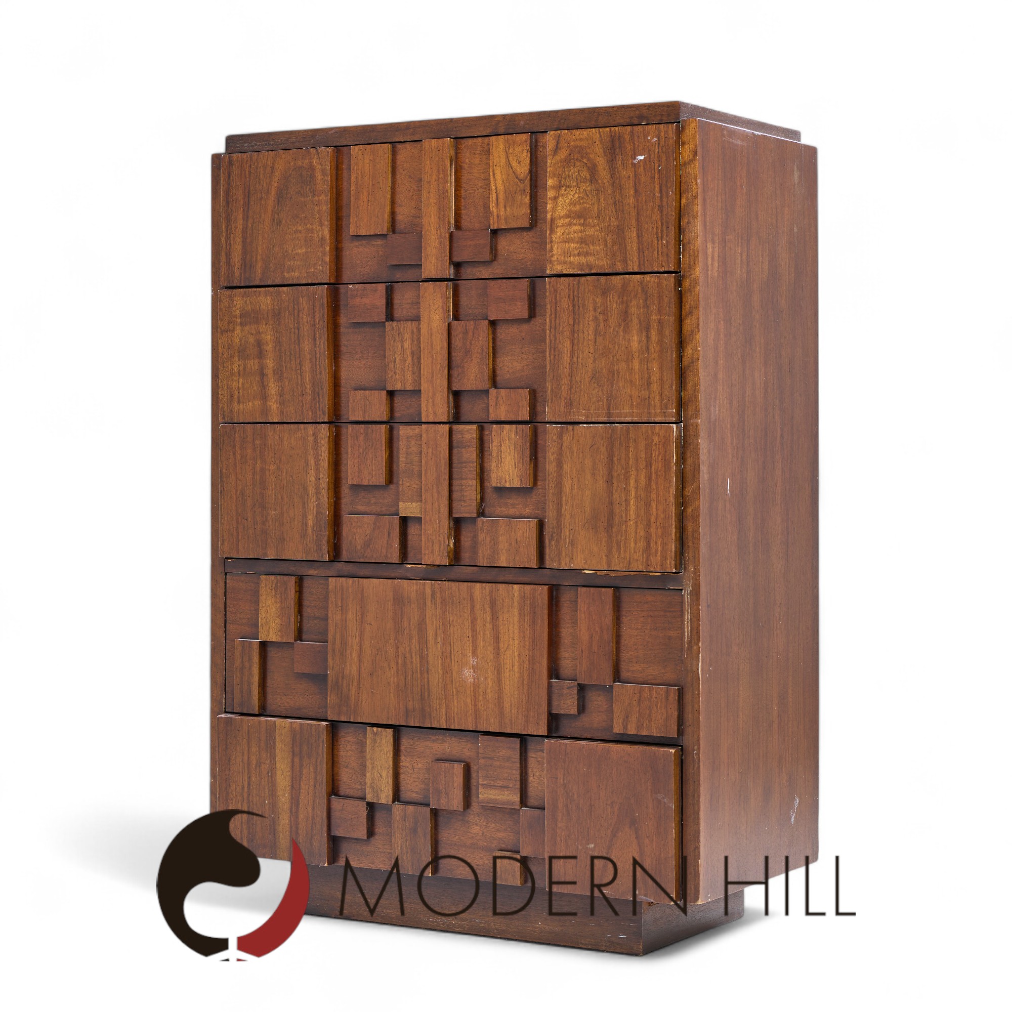 Lane Staccato Brutalist Mid Century Walnut Highboy Dresser