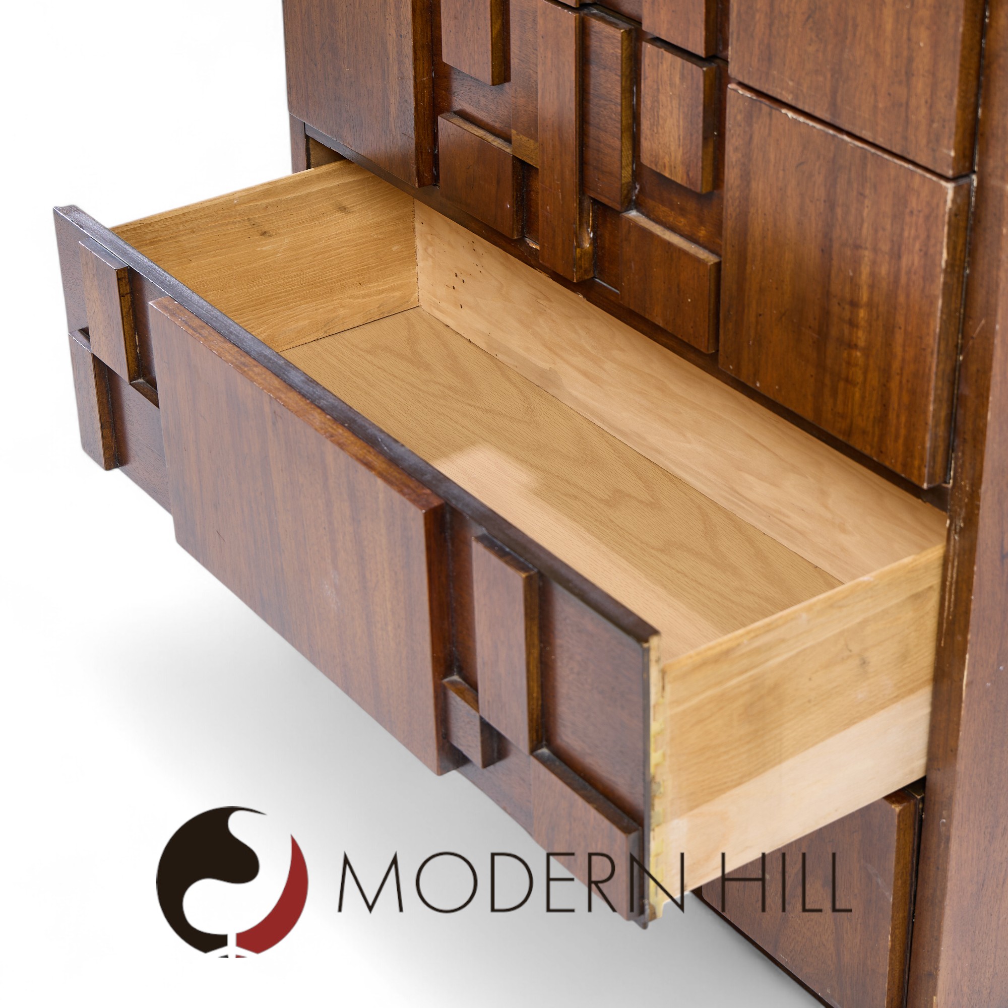 Lane Staccato Brutalist Mid Century Walnut Highboy Dresser