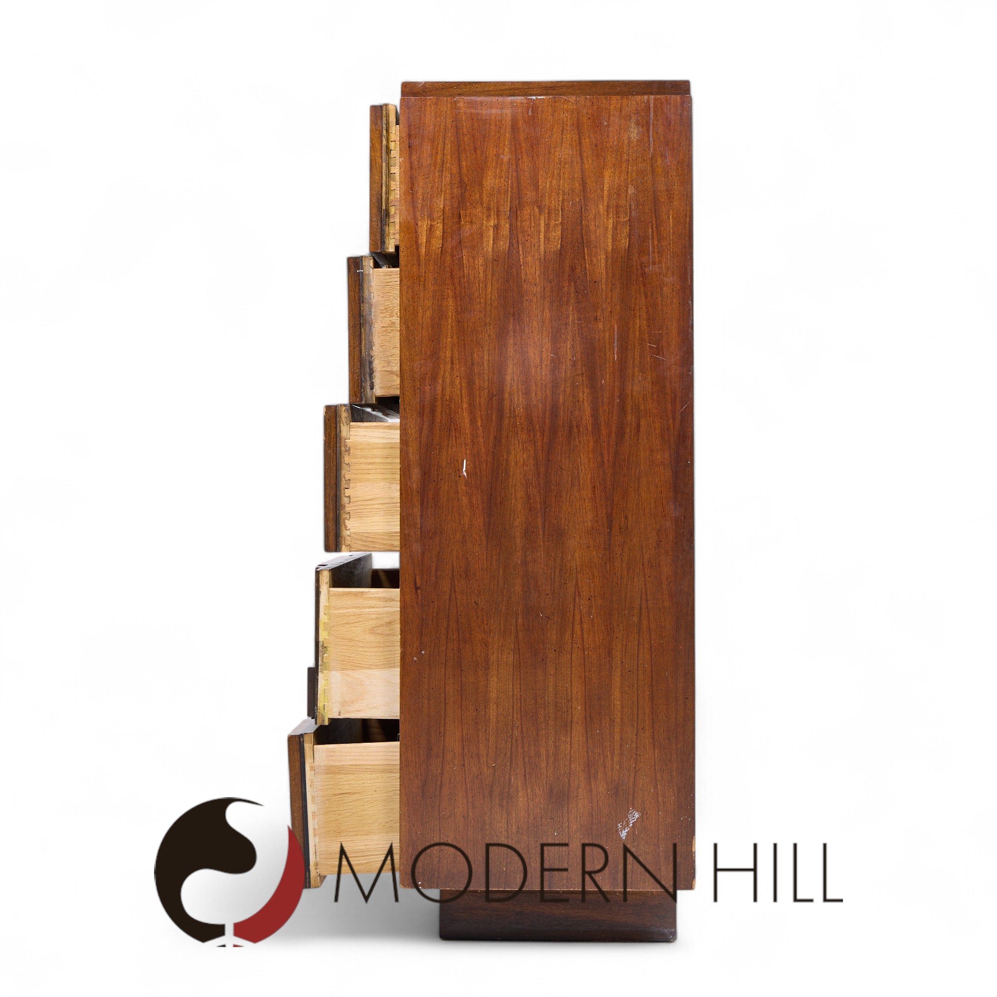 Lane Staccato Brutalist Mid Century Walnut Highboy Dresser