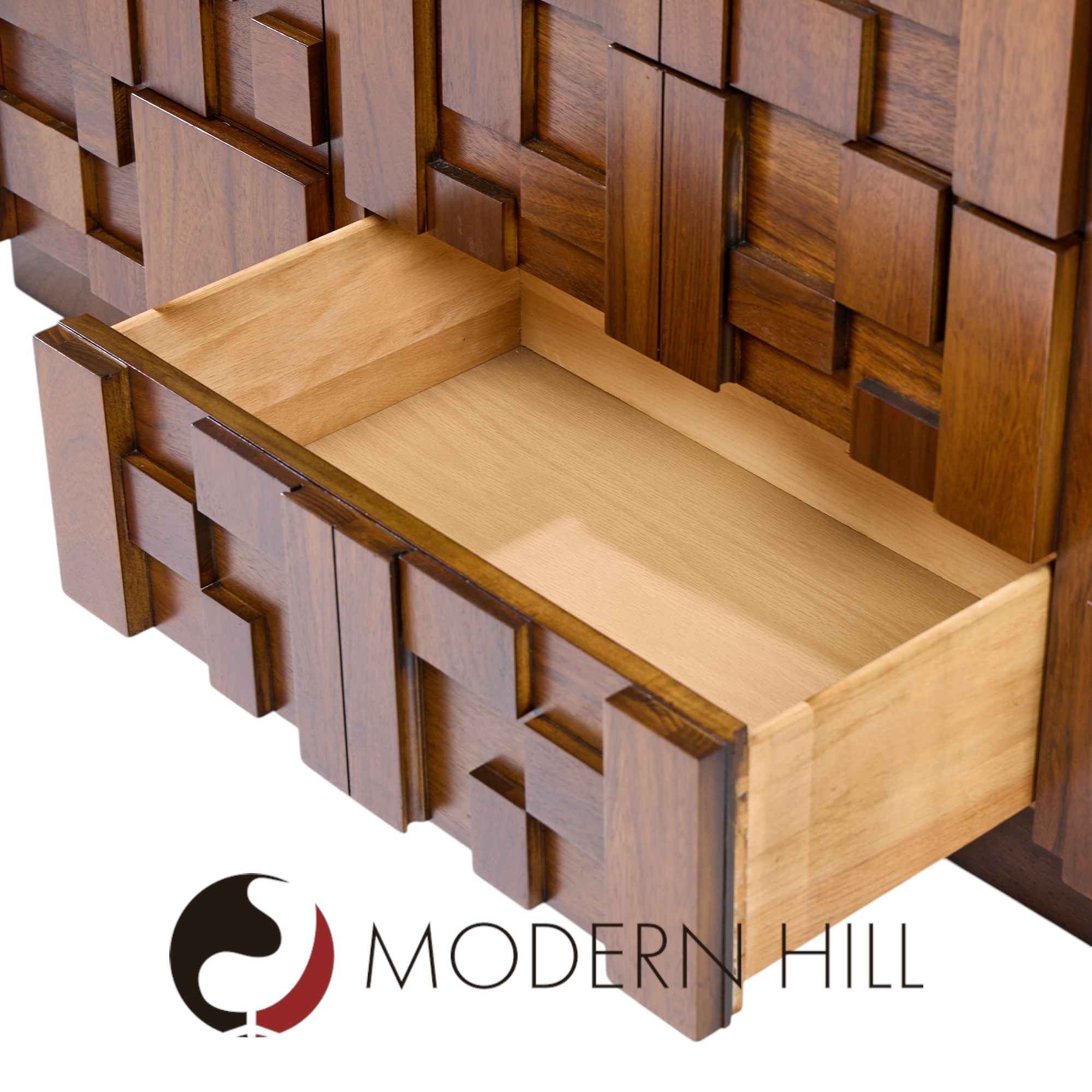 Lane Staccato Brutalist Mid Century Walnut Lowboy Dresser