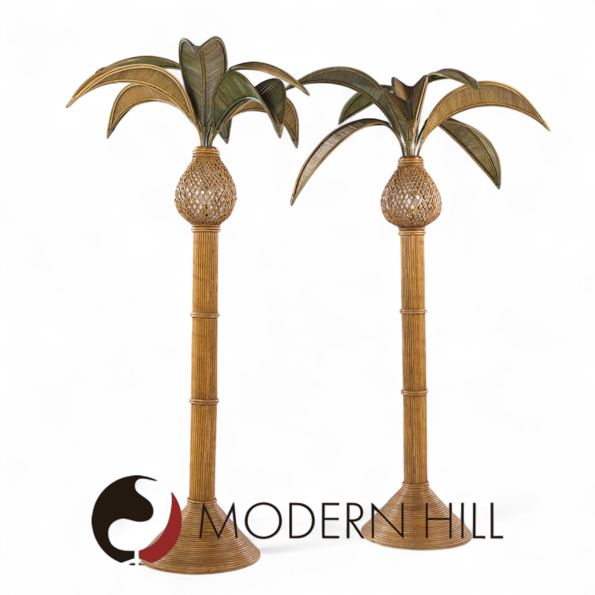 Mario Torres Lopez Style Mid Century Sculptural Rattan Palm Tree Lamps - Pair
