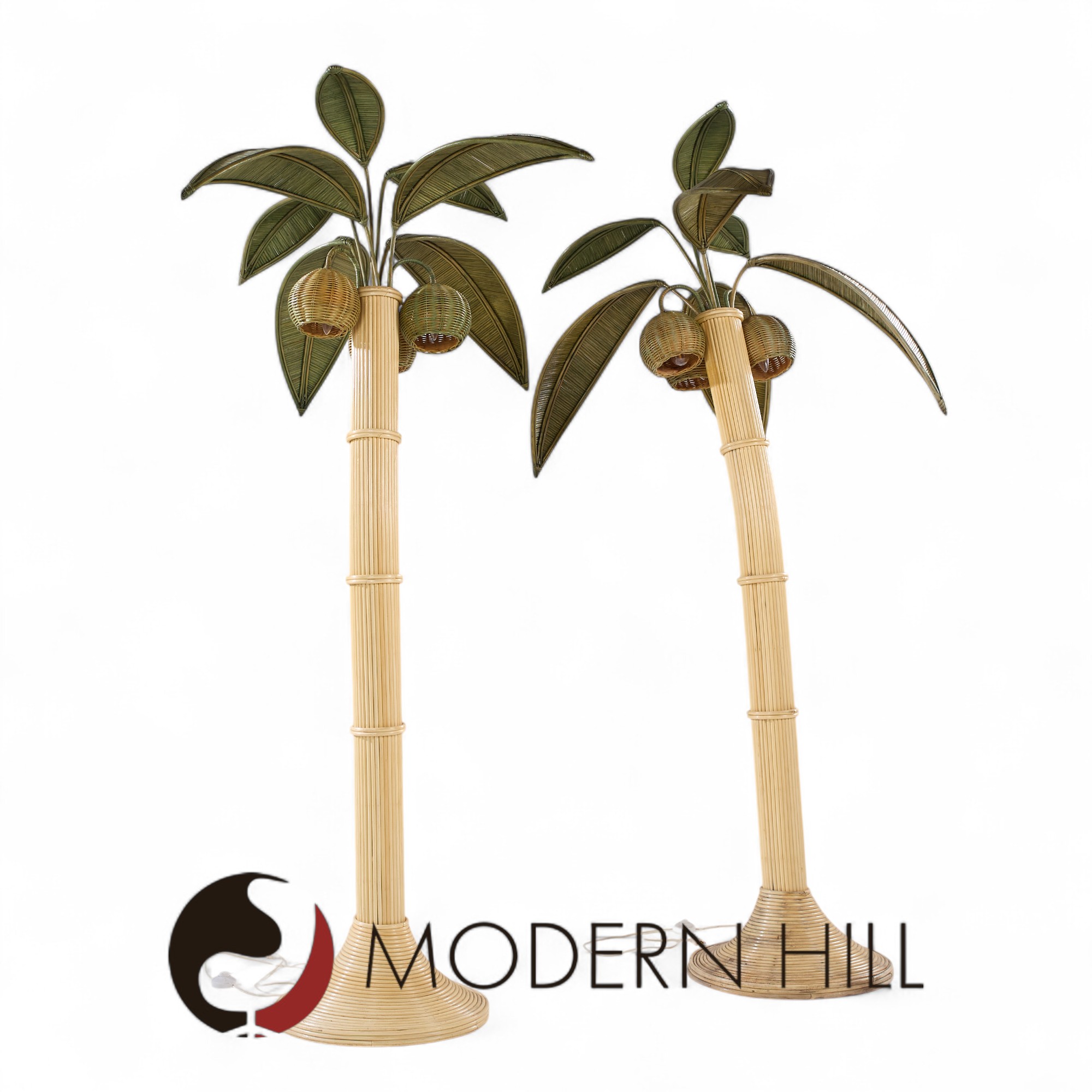Mario Torres Lopez Style Mid Century Sculptural Rattan Palm Tree Lamps - Pair