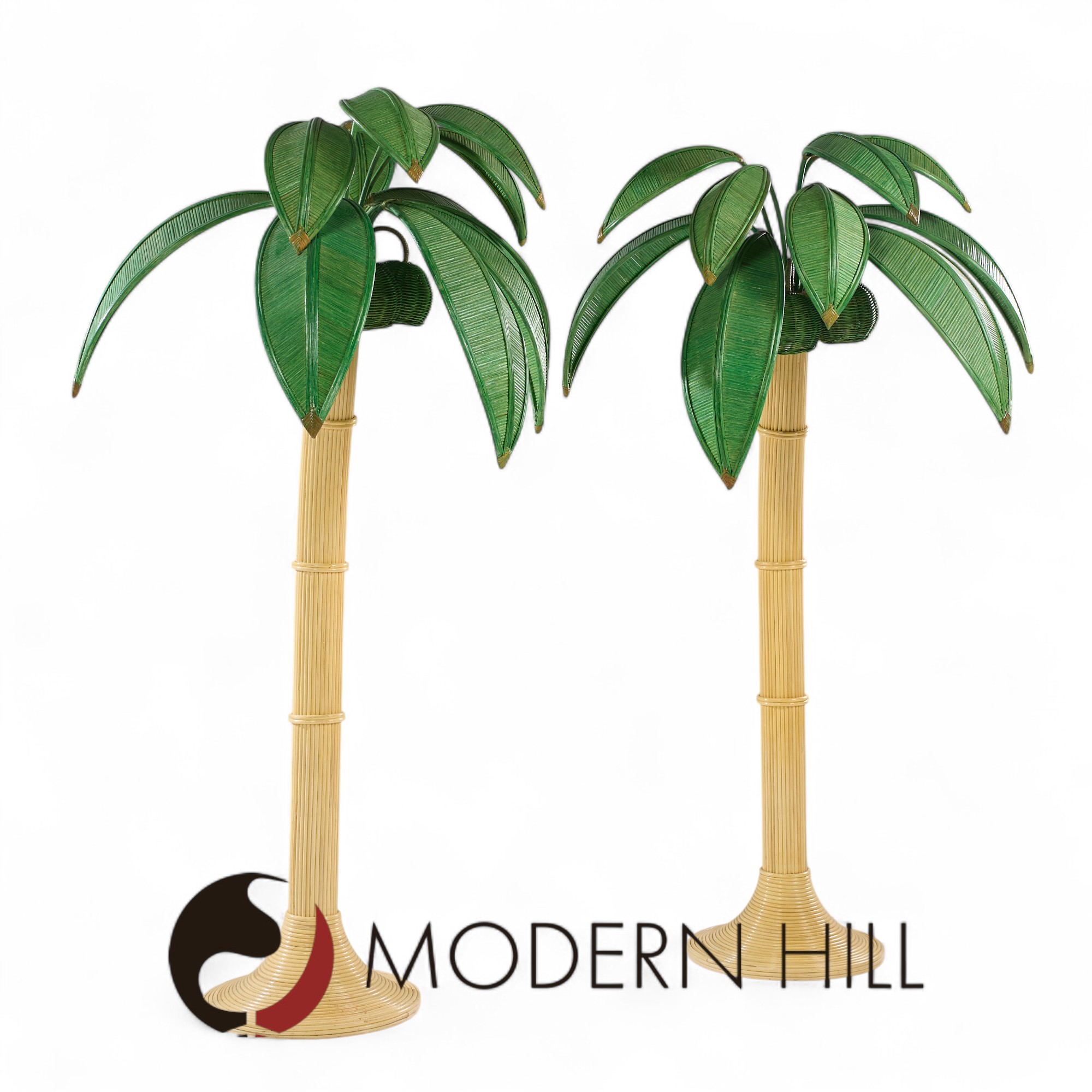 Mario Torres Lopez Style Mid Century Sculptural Rattan Palm Tree Lamps - Pair