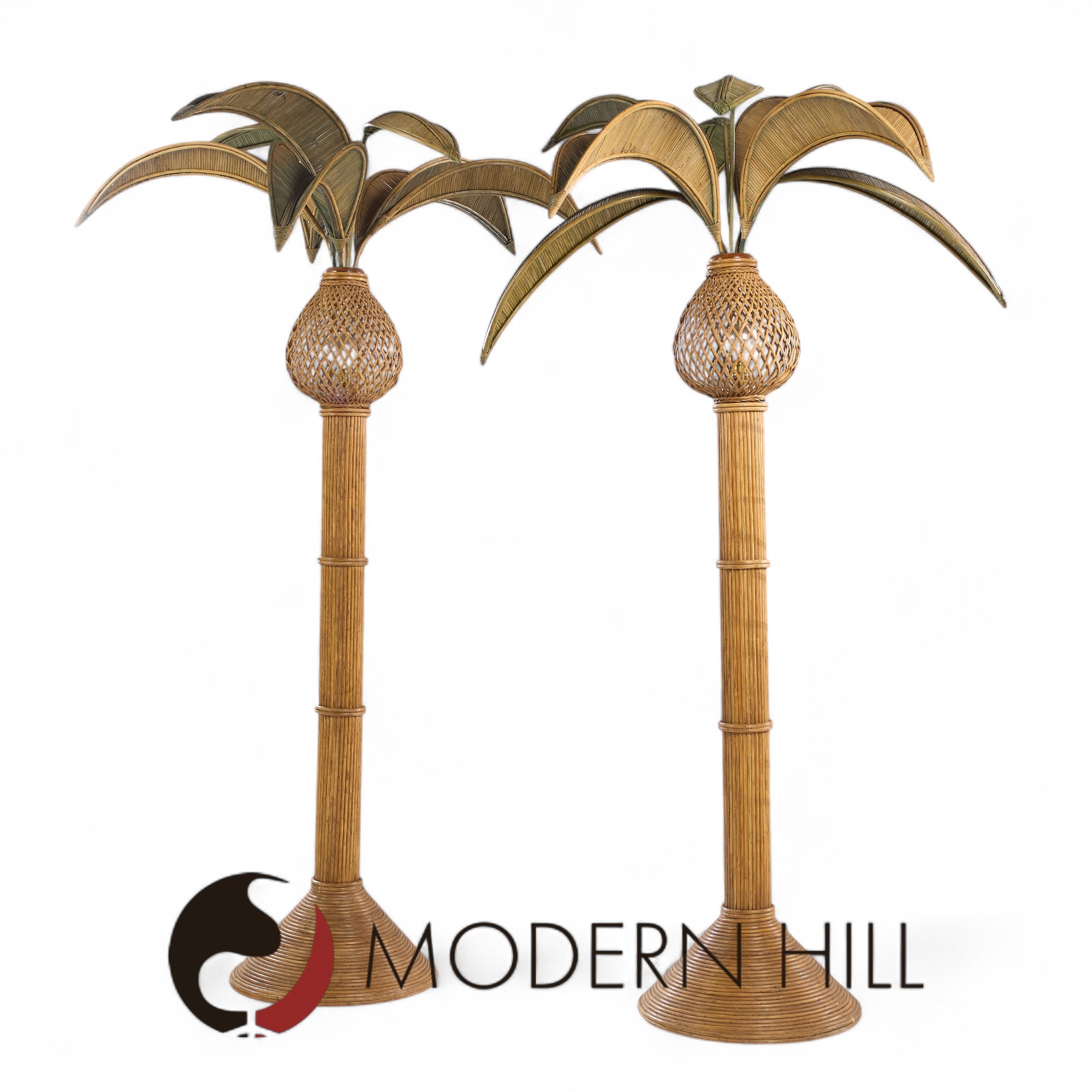 Mario Torres Lopez Style Mid Century Sculptural Rattan Palm Tree Lamps - Pair