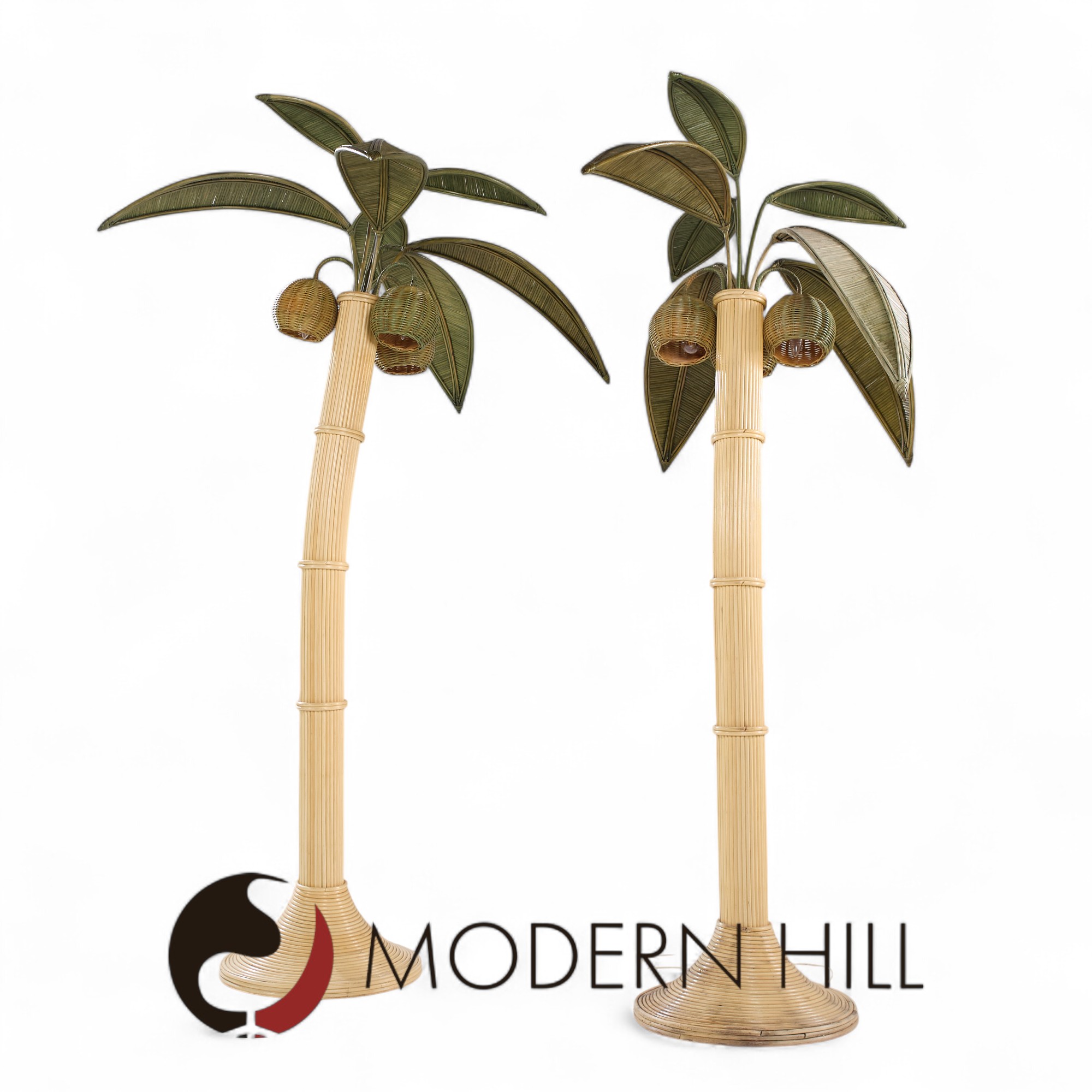 Mario Torres Lopez Style Mid Century Sculptural Rattan Palm Tree Lamps - Pair