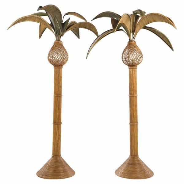 mario torres lopez style mid century sculptural rattan palm tree lamps - pair
