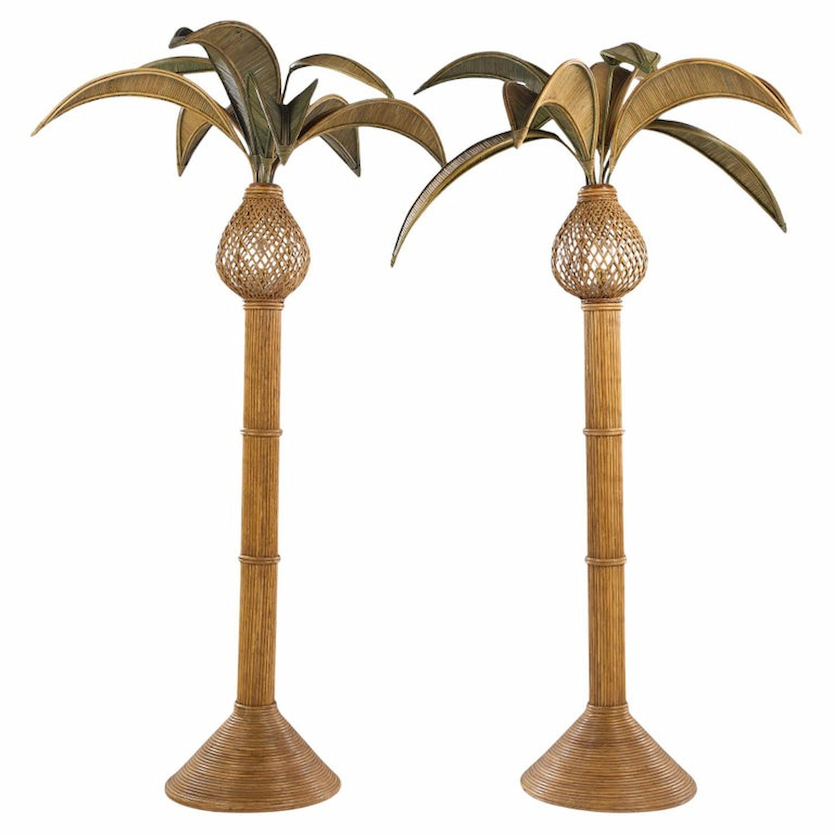 Mario Torres Lopez Style Mid Century Sculptural Rattan Palm Tree Lamps - Pair