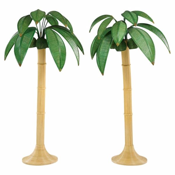mario torres lopez style mid century sculptural rattan palm tree lamps - pair