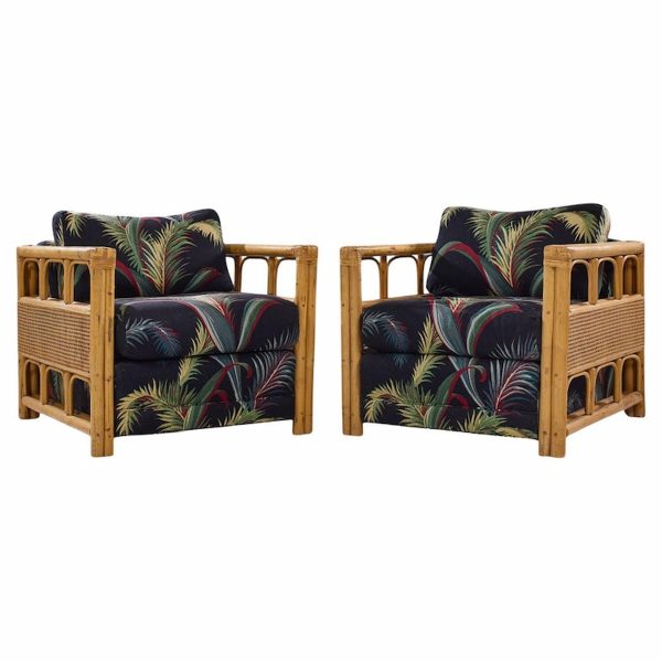 Mcguire Style Mid Century Rattan Club Lounge Chairs - Pair
