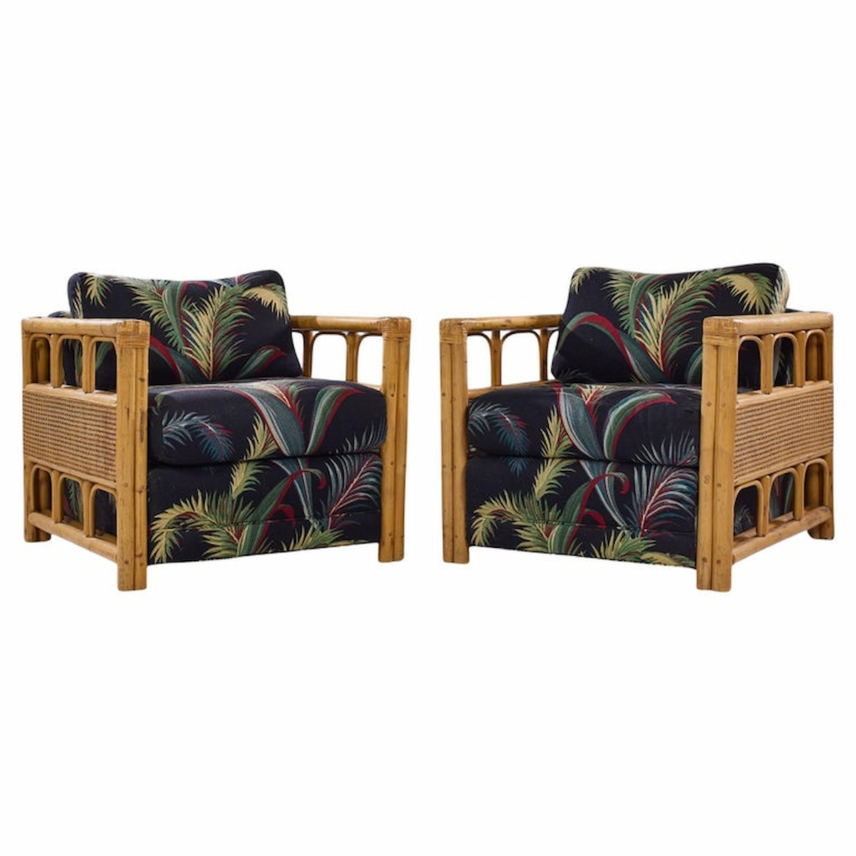 Mcguire Style Mid Century Rattan Club Lounge Chairs - Pair