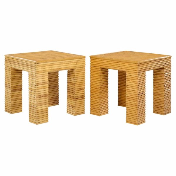 Mcguire Style Mid Century Rattan Side Tables - Pair