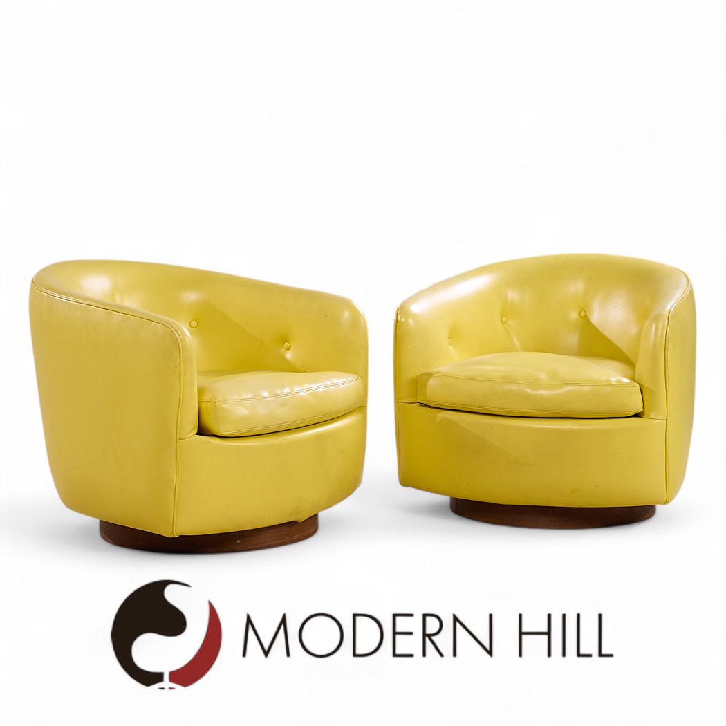 Milo Baughman for Thayer Coggin Roxy Mid Century Walnut Swivel Tilt Lounge Chairs - Pair