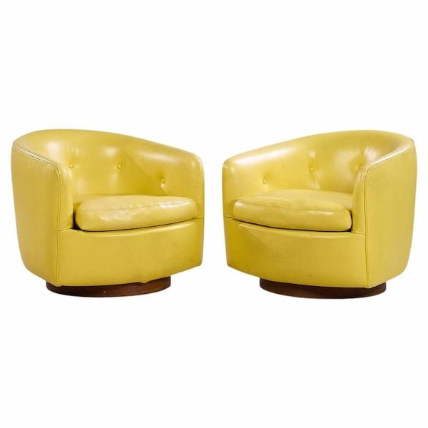 Milo Baughman for Thayer Coggin Roxy Mid Century Walnut Swivel Tilt Lounge Chairs - Pair