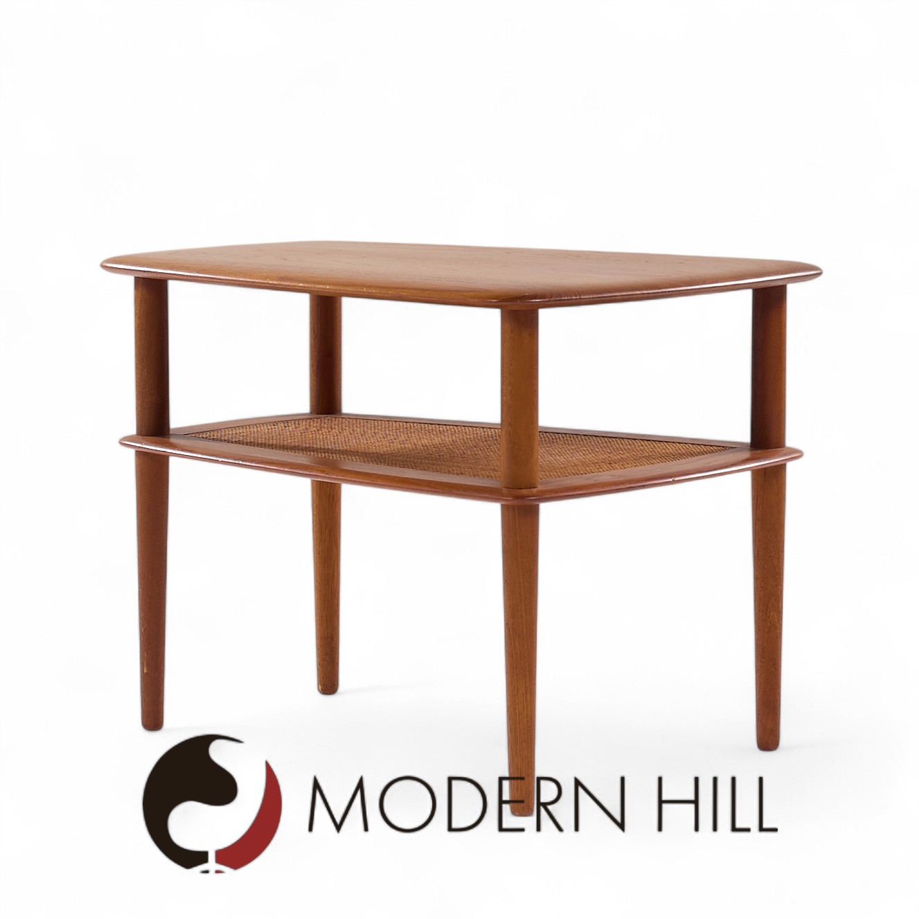 Peter Hvidt for France and Son Mid Century Danish Teak and Cane Side End Tables - Pair