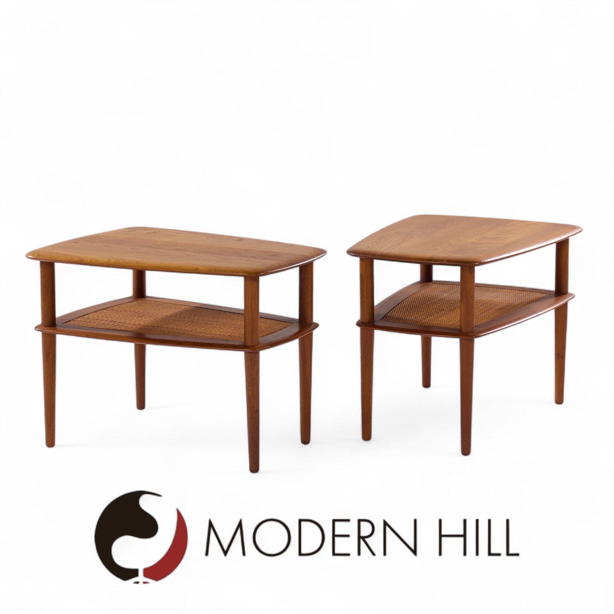 Peter Hvidt for France and Son Mid Century Danish Teak and Cane Side End Tables - Pair