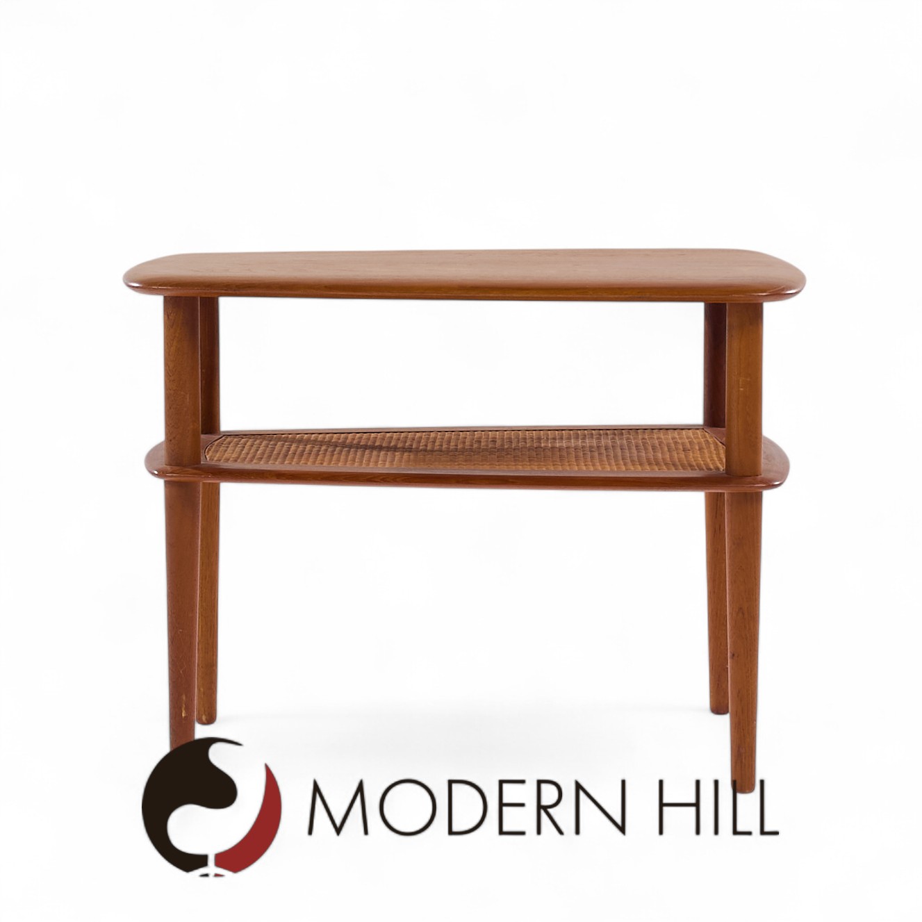 Peter Hvidt for France and Son Mid Century Danish Teak and Cane Side End Tables - Pair