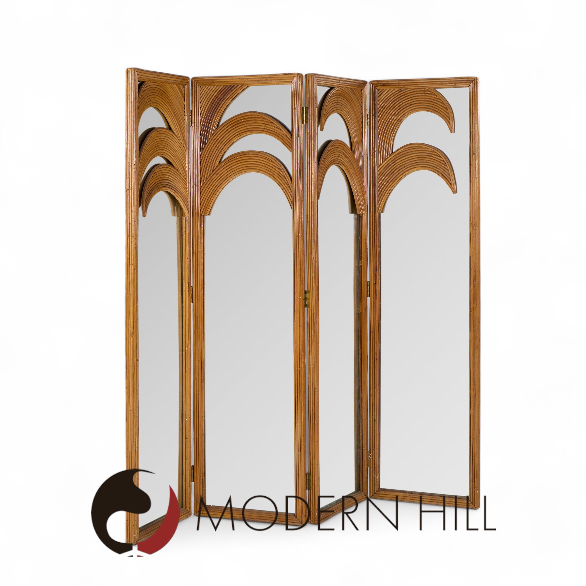 Vivai Del Sud Mid Century Italian Bamboo Rattan Palm Tree Folding Screen Mirror