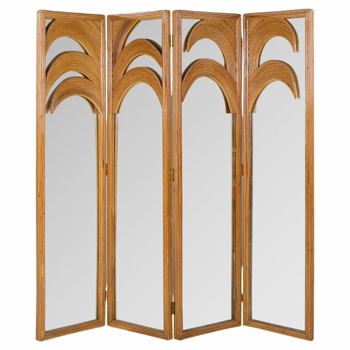 Vivai Del Sud Mid Century Italian Bamboo Rattan Palm Tree Folding Screen Mirror