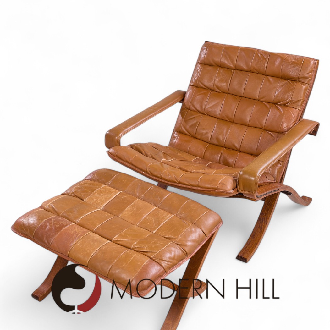 Westnofa Mid Century Norwegian Bentwood and Leather Lounge Chairs - Pair