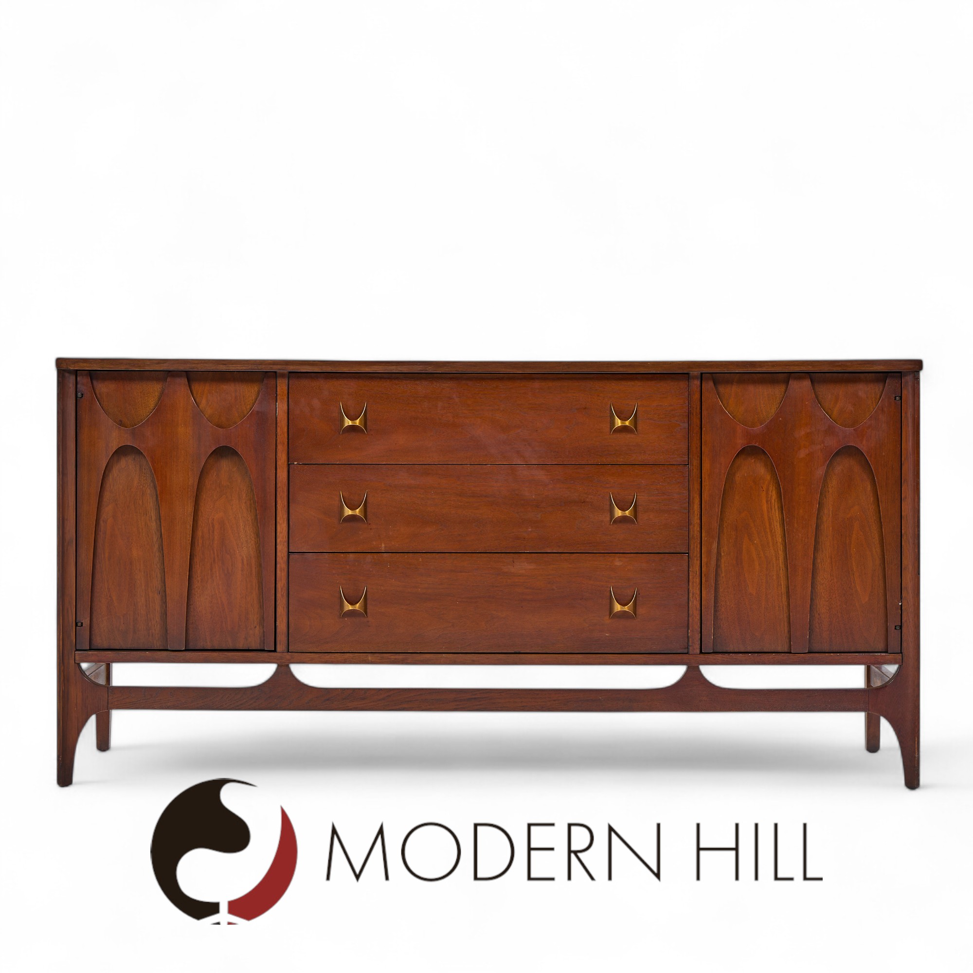 Broyhill Brasilia Mid Century Walnut and Brass Credenza and Hutch