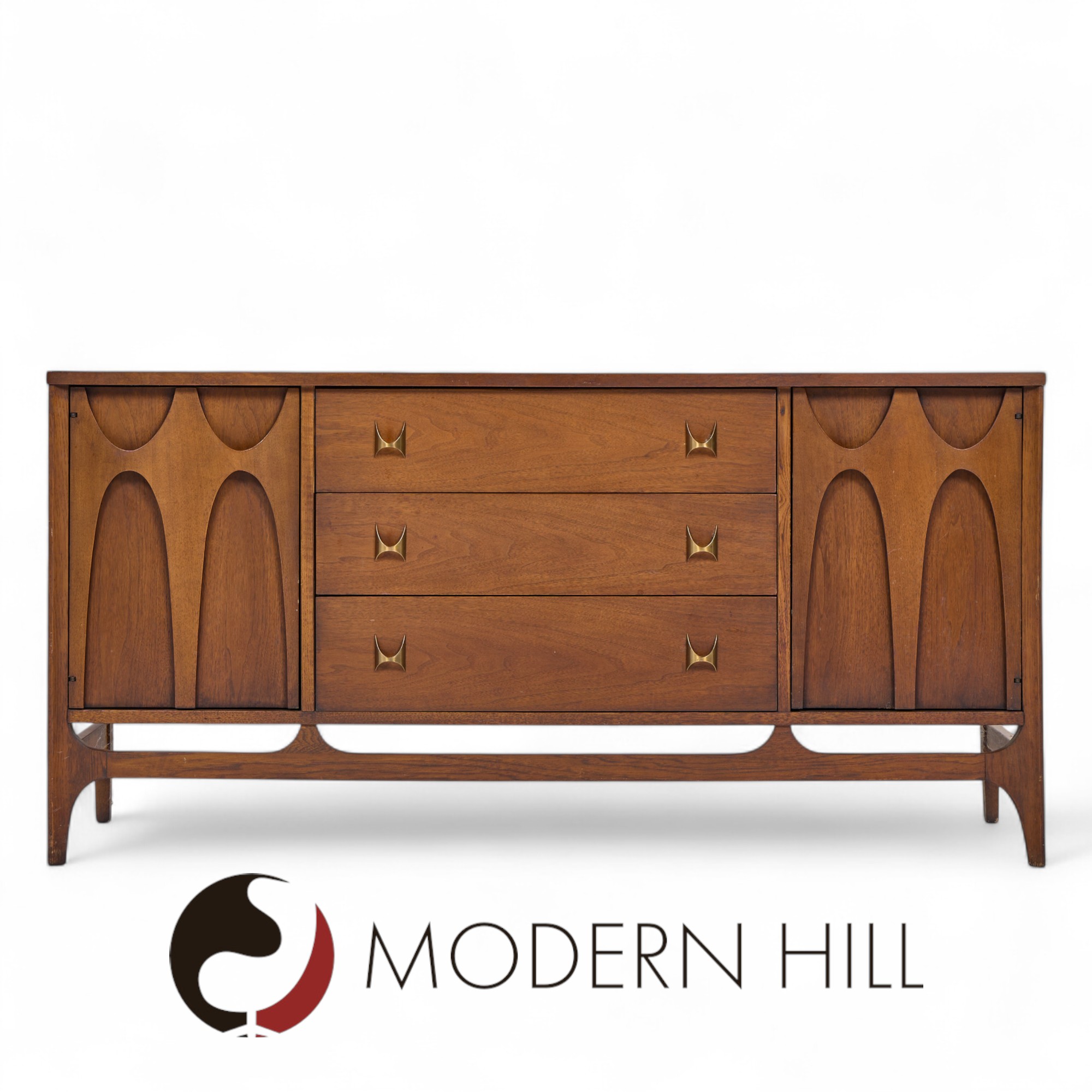 Broyhill Brasilia Mid Century Walnut and Brass Credenza and Hutch