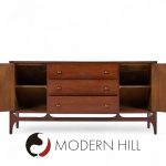 Broyhill Brasilia Mid Century Walnut and Brass Credenza and Hutch