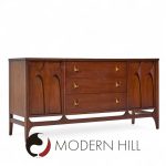Broyhill Brasilia Mid Century Walnut and Brass Credenza and Hutch