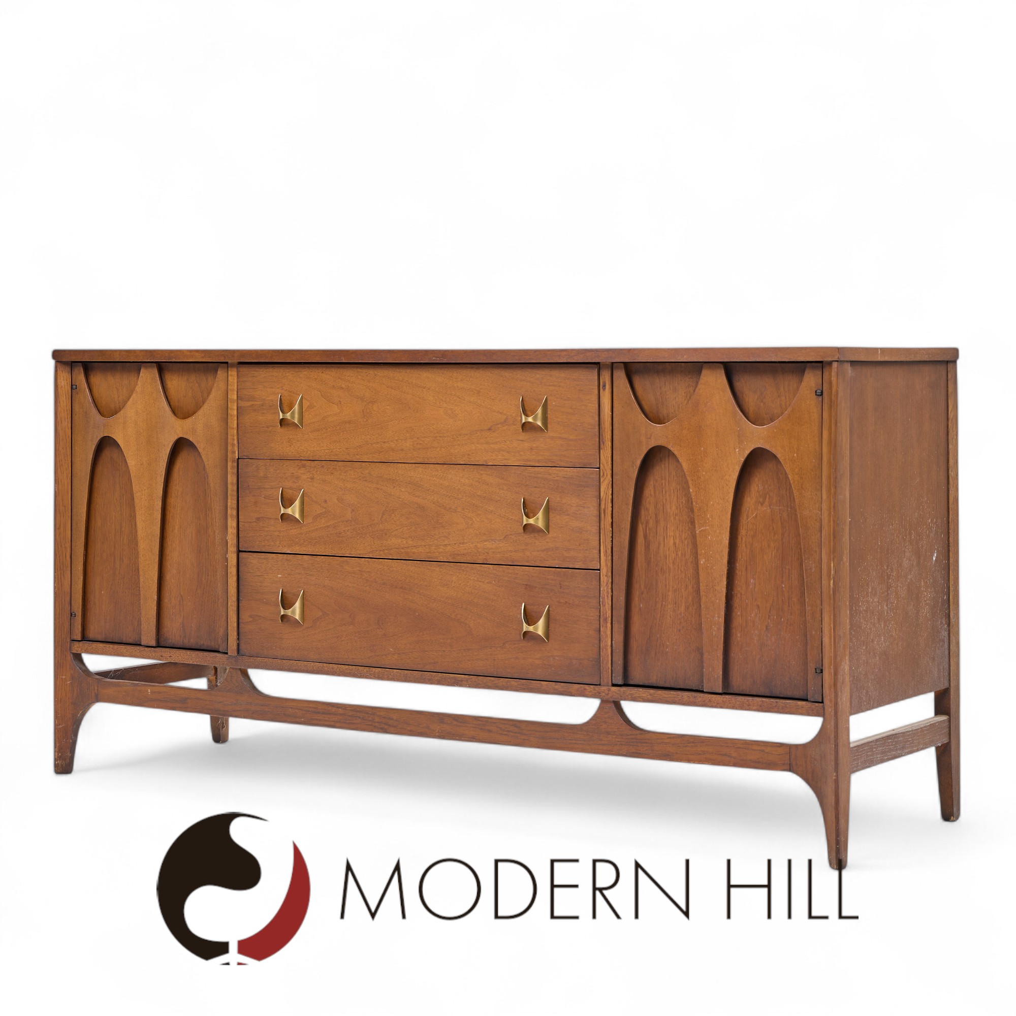 Broyhill Brasilia Mid Century Walnut and Brass Credenza and Hutch