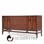 Broyhill Brasilia Mid Century Walnut and Brass Credenza and Hutch