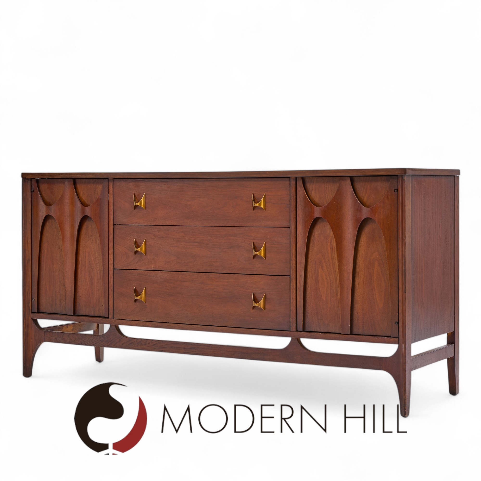 Broyhill Brasilia Mid Century Walnut and Brass Credenza and Hutch