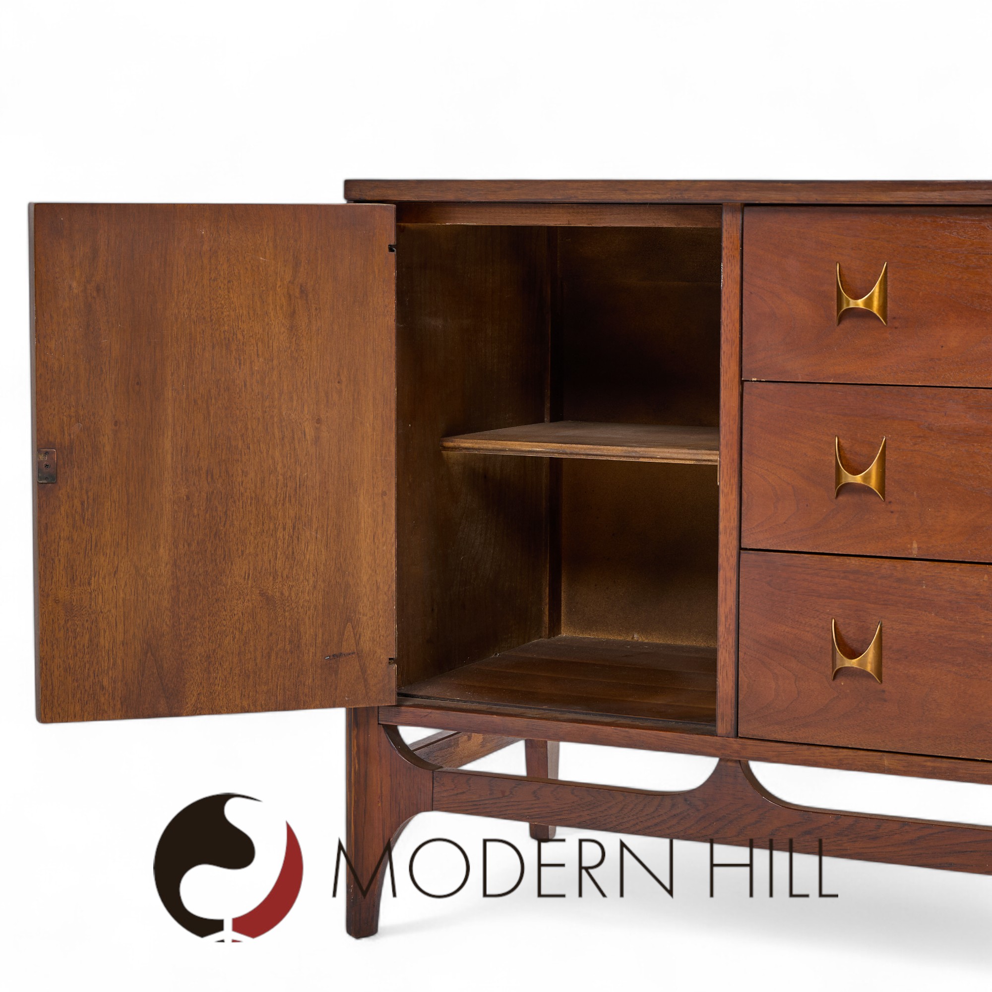 Broyhill Brasilia Mid Century Walnut and Brass Credenza and Hutch