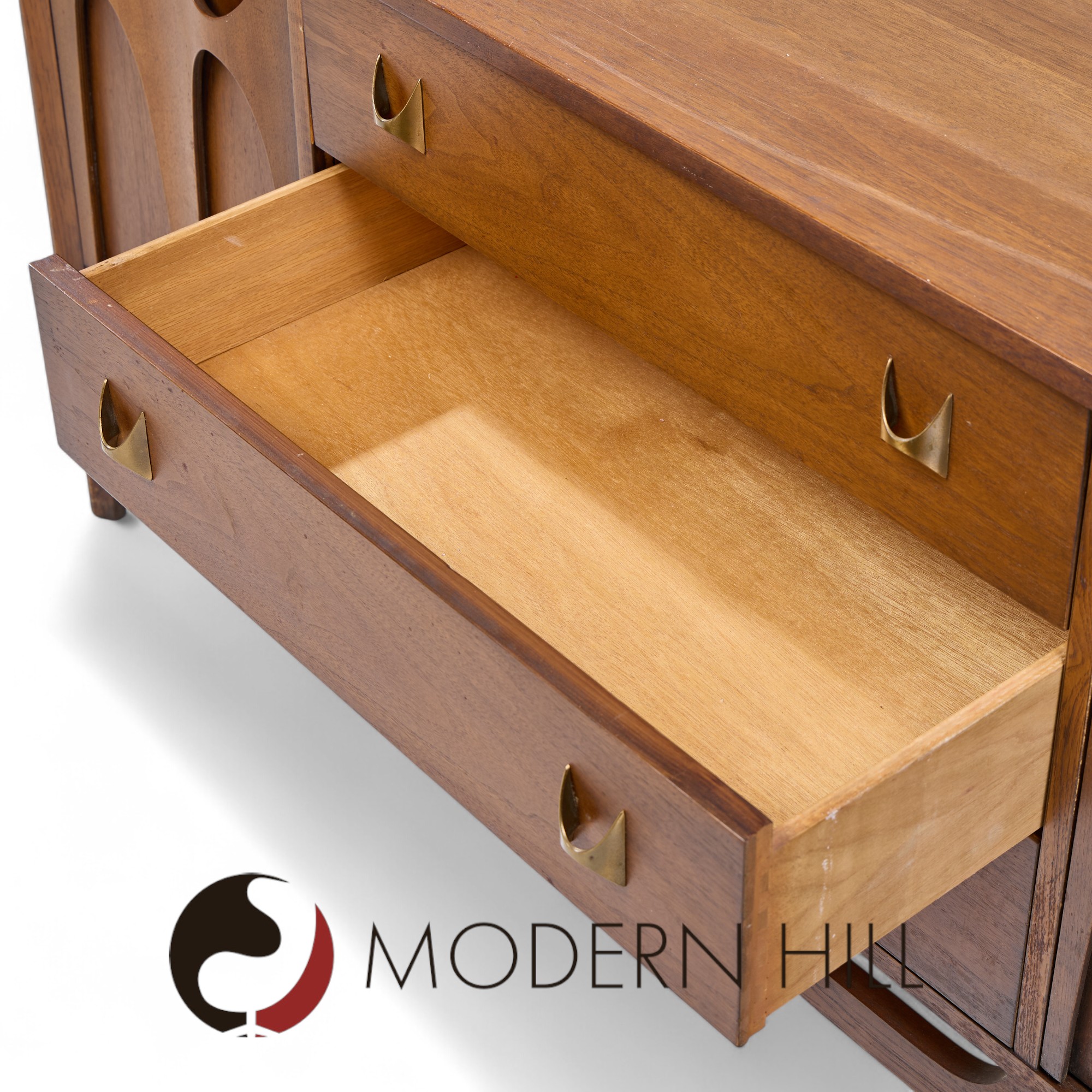 Broyhill Brasilia Mid Century Walnut and Brass Credenza and Hutch