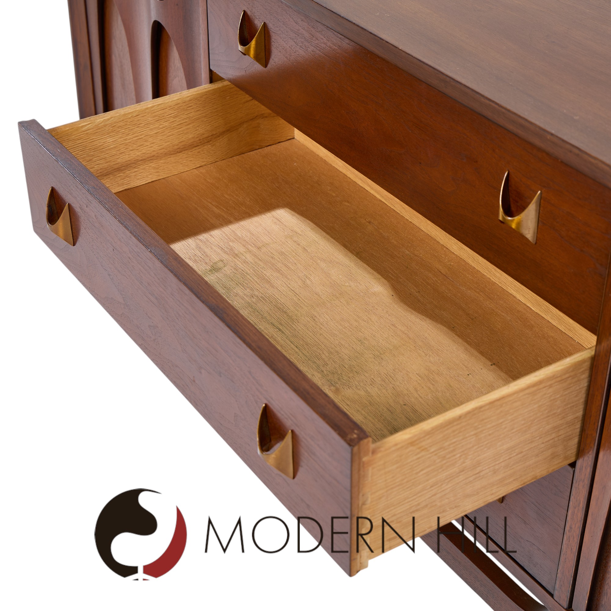 Broyhill Brasilia Mid Century Walnut and Brass Credenza and Hutch