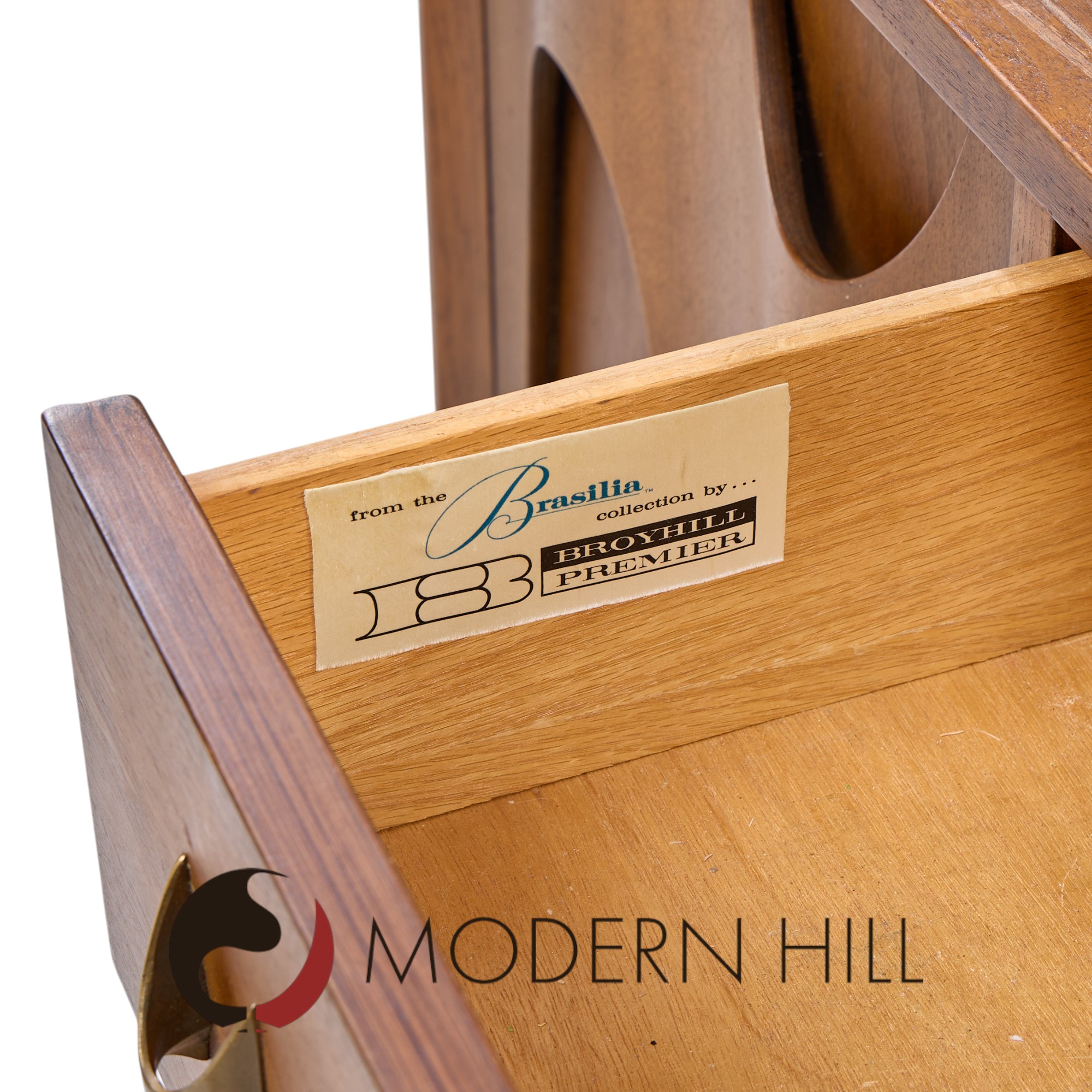 Broyhill Brasilia Mid Century Walnut and Brass Credenza and Hutch