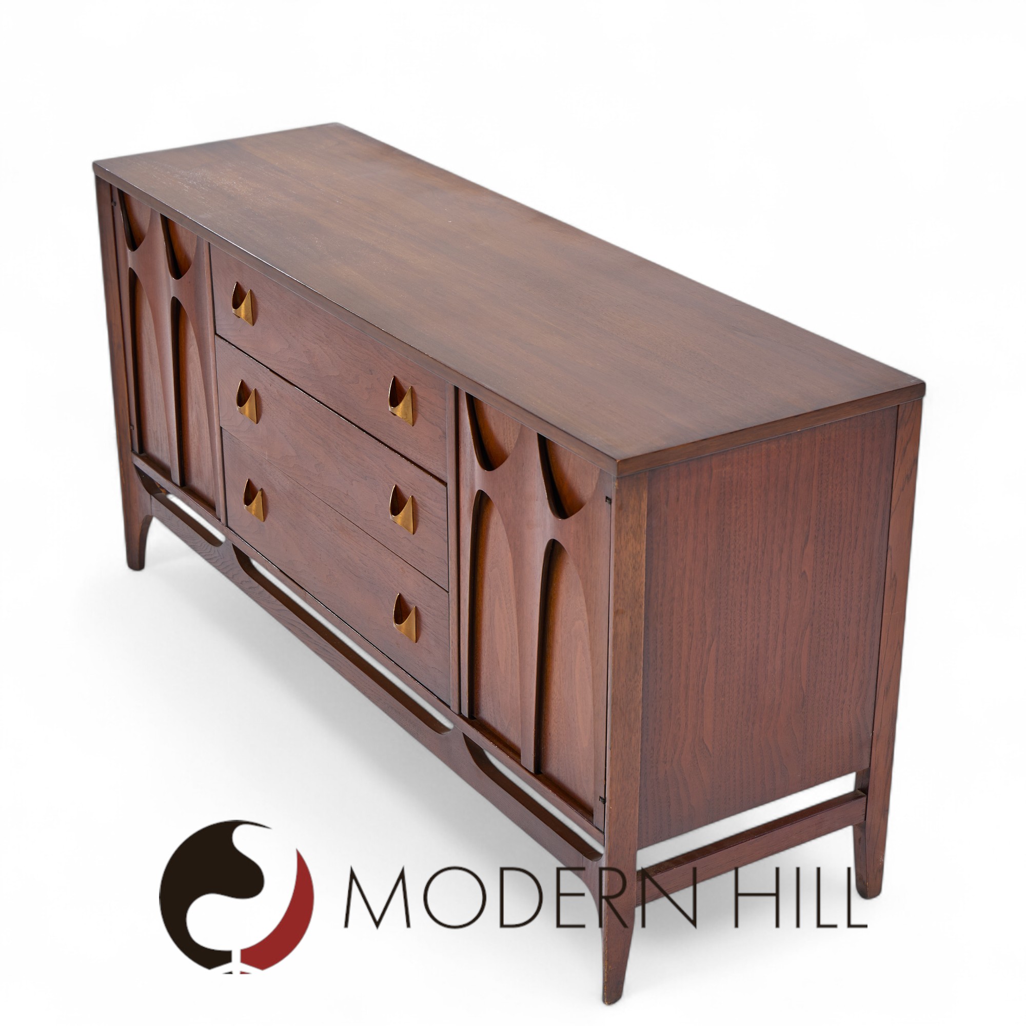 Broyhill Brasilia Mid Century Walnut and Brass Credenza and Hutch