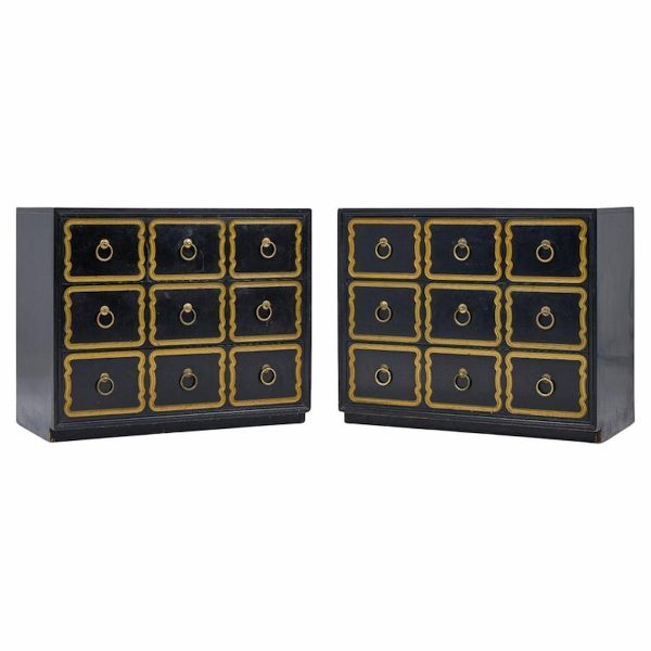 Dorothy Draper España Mid Century Black and Gold Chest Dressers - Pair