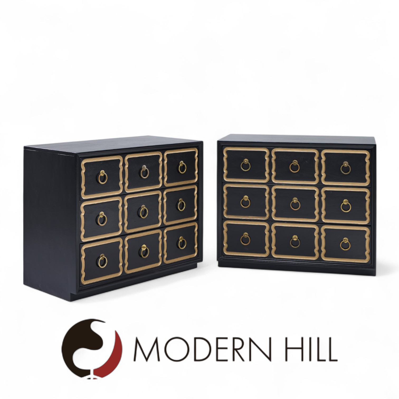 Dorothy Draper España Mid Century Black and Gold Chest Dressers - Pair