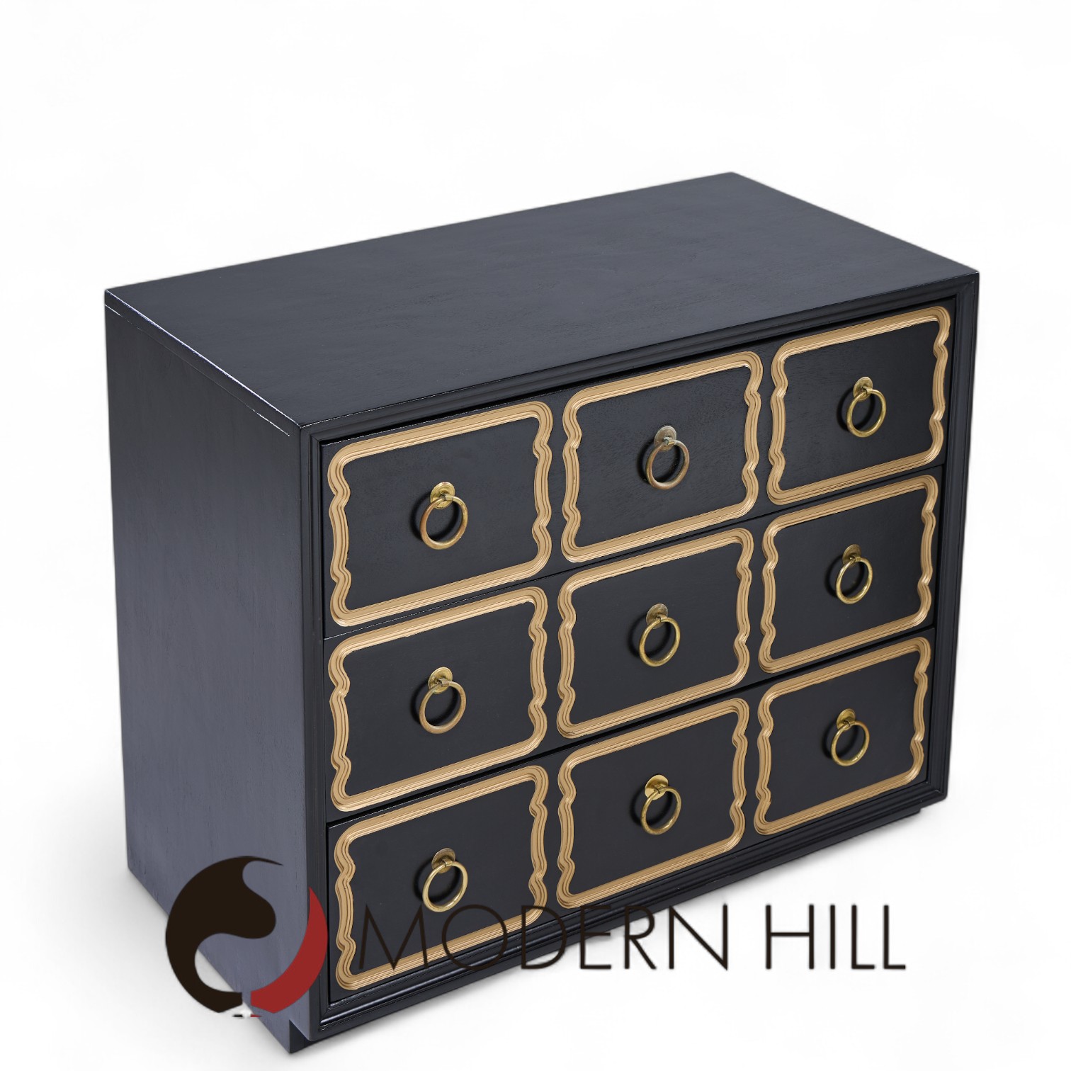 Dorothy Draper España Mid Century Black and Gold Chest Dressers - Pair