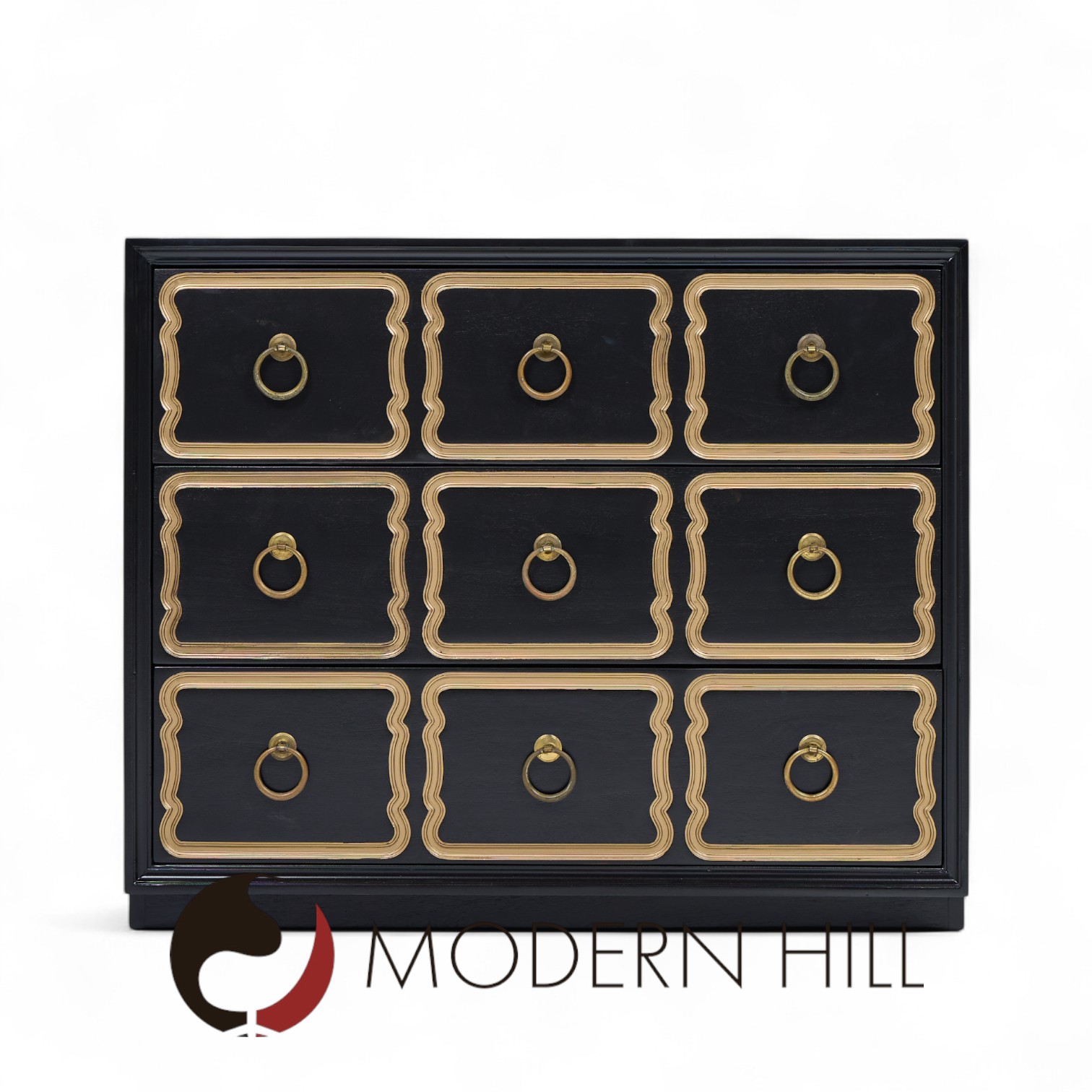 Dorothy Draper España Mid Century Black and Gold Chest Dressers - Pair