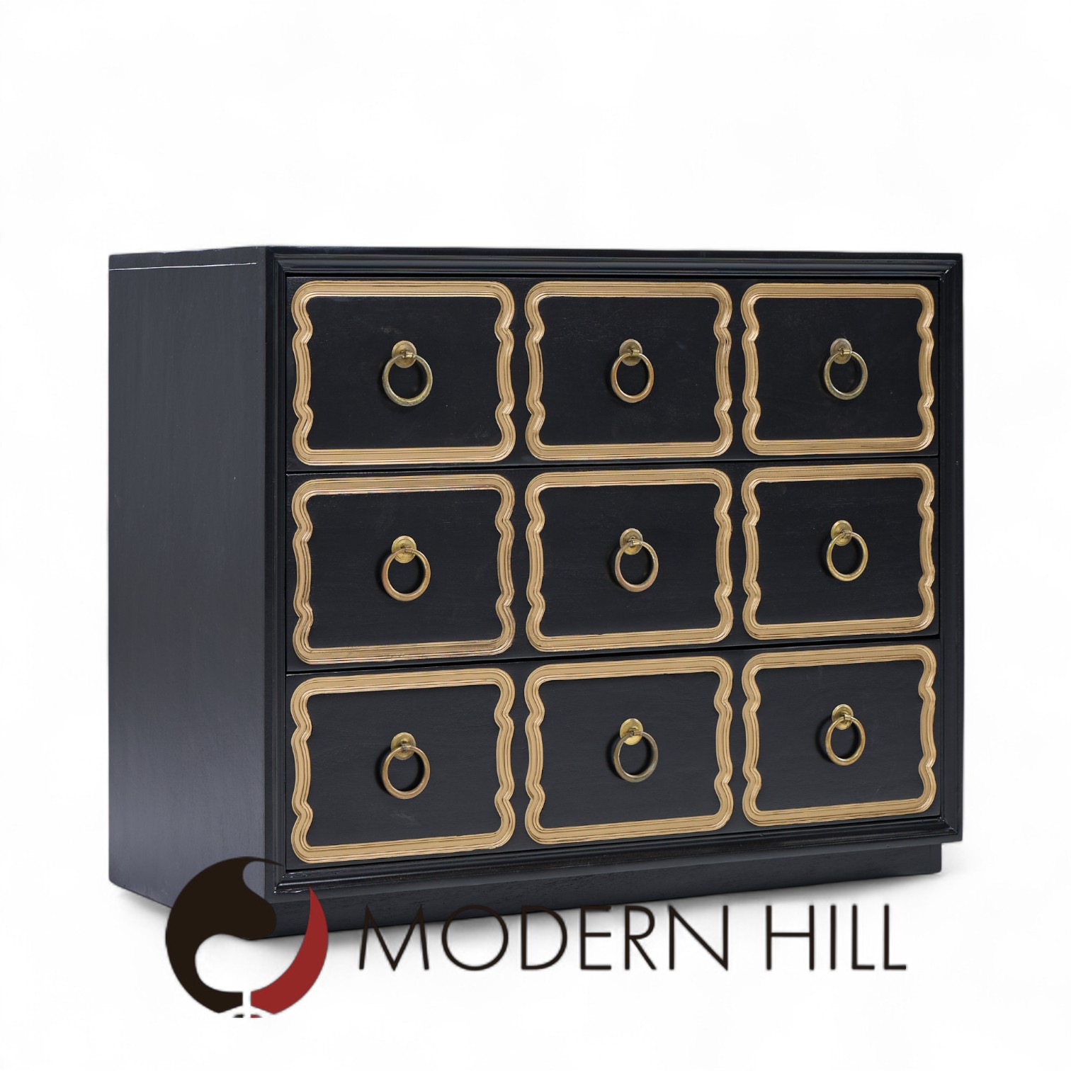 Dorothy Draper España Mid Century Black and Gold Chest Dressers - Pair