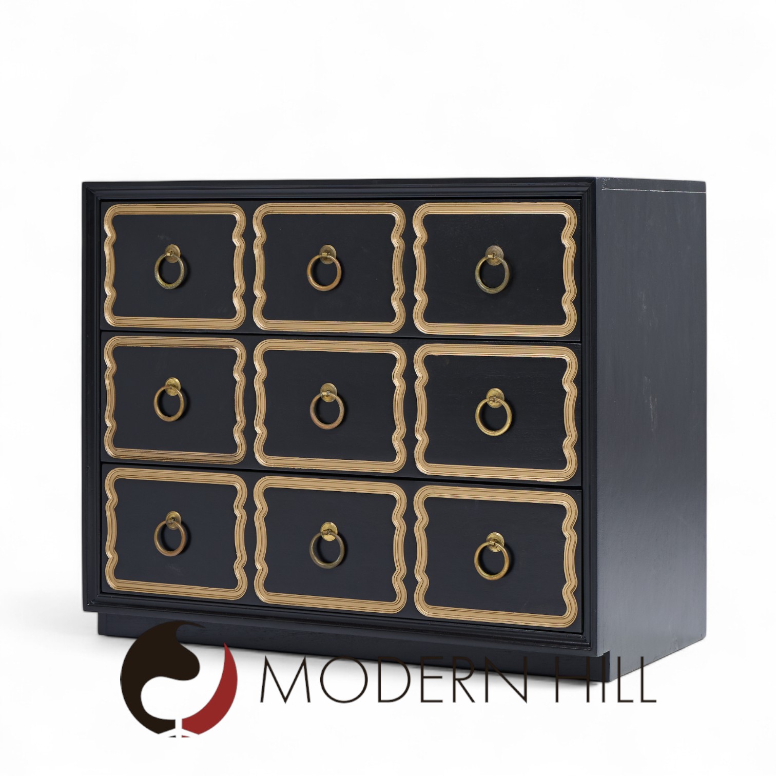 Dorothy Draper España Mid Century Black and Gold Chest Dressers - Pair