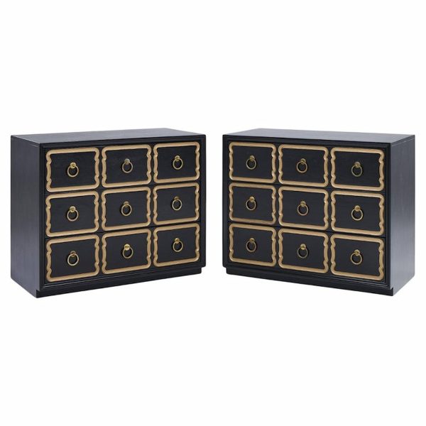 Dorothy Draper España Mid Century Black and Gold Chest Dressers - Pair