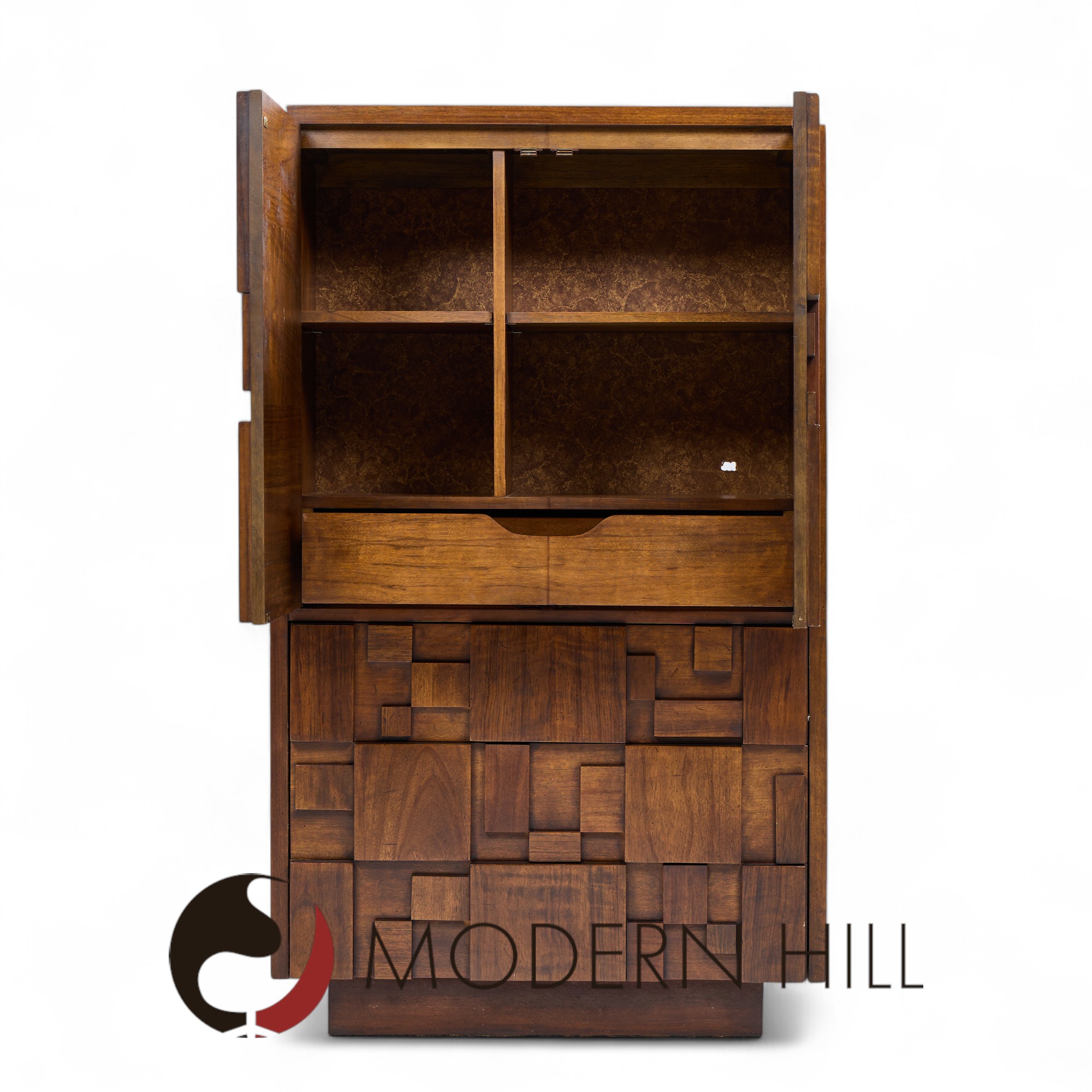 Lane Staccato Brutalist Mid Century Walnut Armoire Dresser