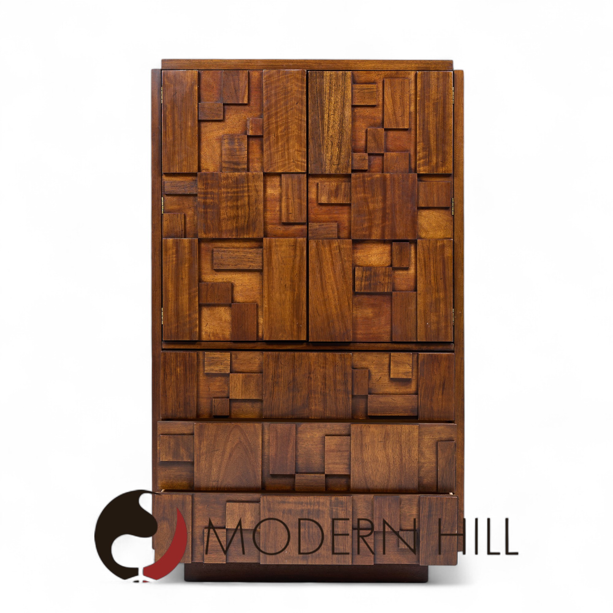 Lane Staccato Brutalist Mid Century Walnut Armoire Dresser
