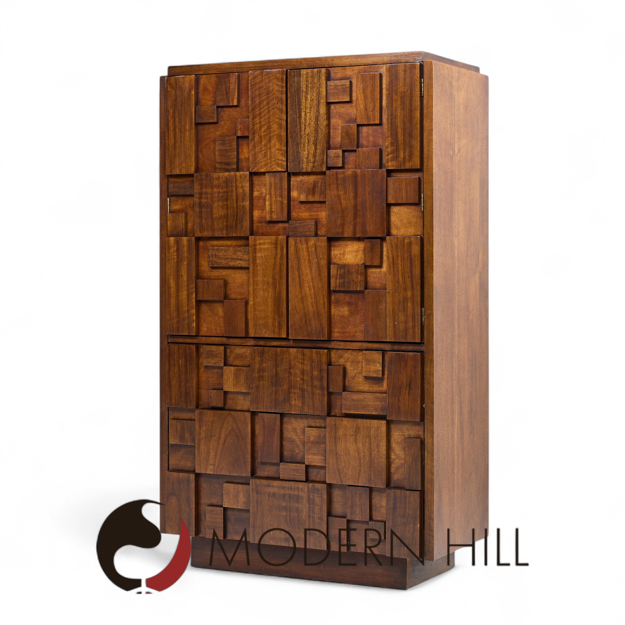 Lane Staccato Brutalist Mid Century Walnut Armoire Dresser