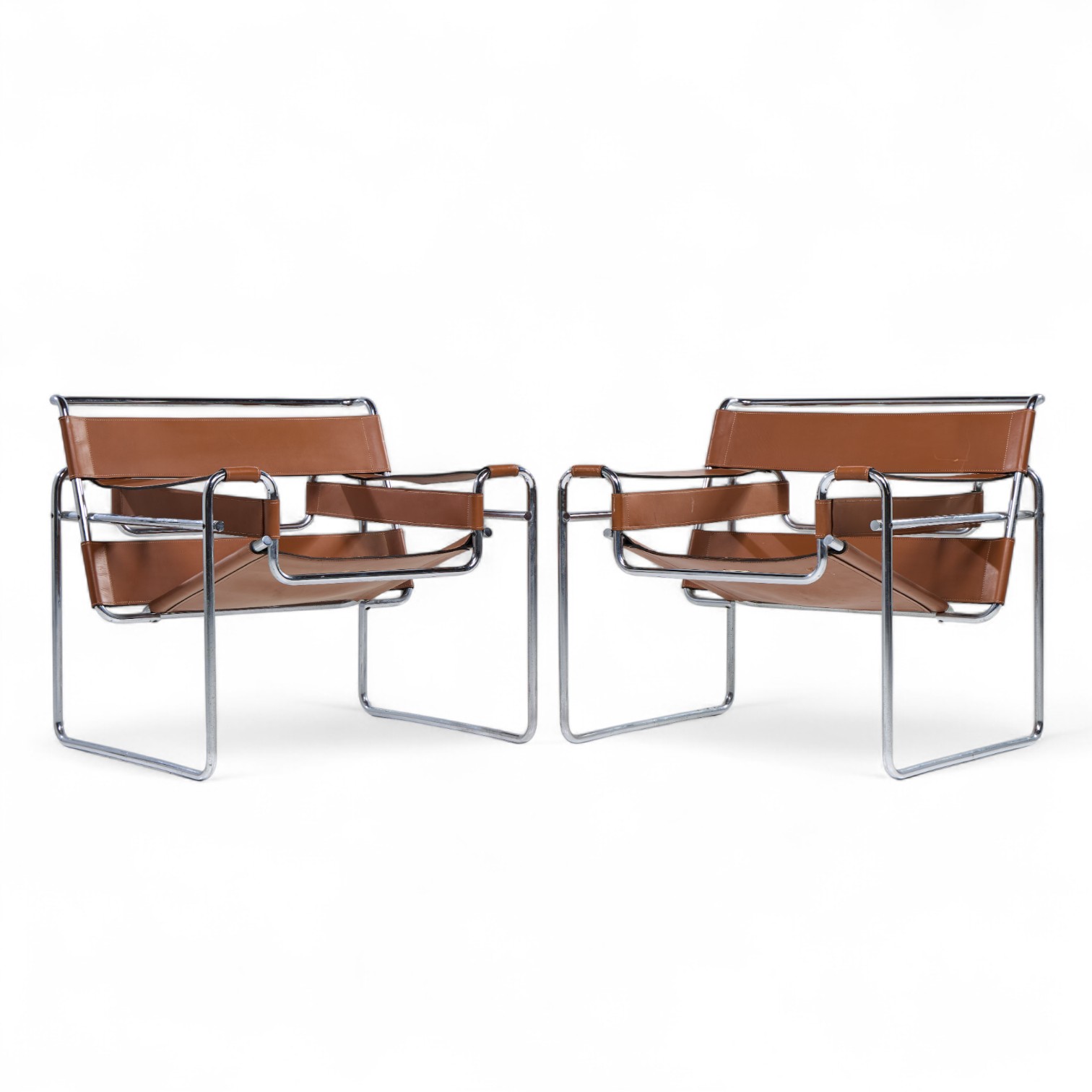 Marcel Breuer for Knoll Mid Century Stainless Steel and Leather Wassily Lounge Chair - Pair
